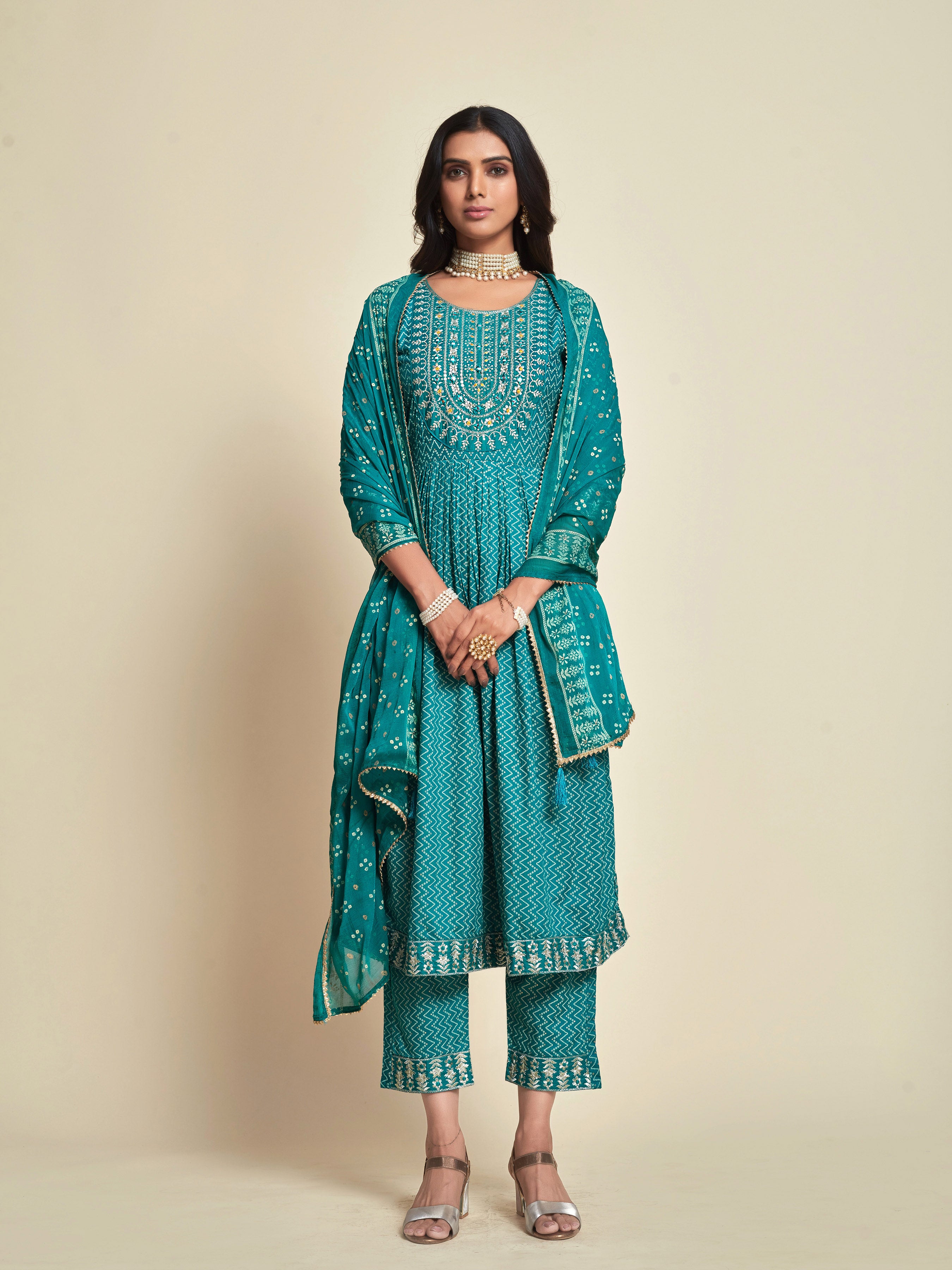 Bandhani Printed Yoke Embroidered A-line Thread Work Kurta with Trousers & Dupatta