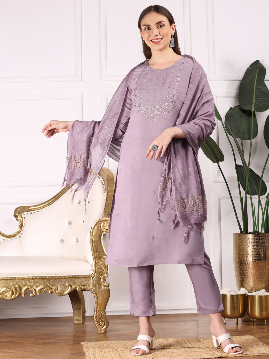 Ethnic Motifs Embroidered Straight Thread Work Kurta with Trousers & Dupatta