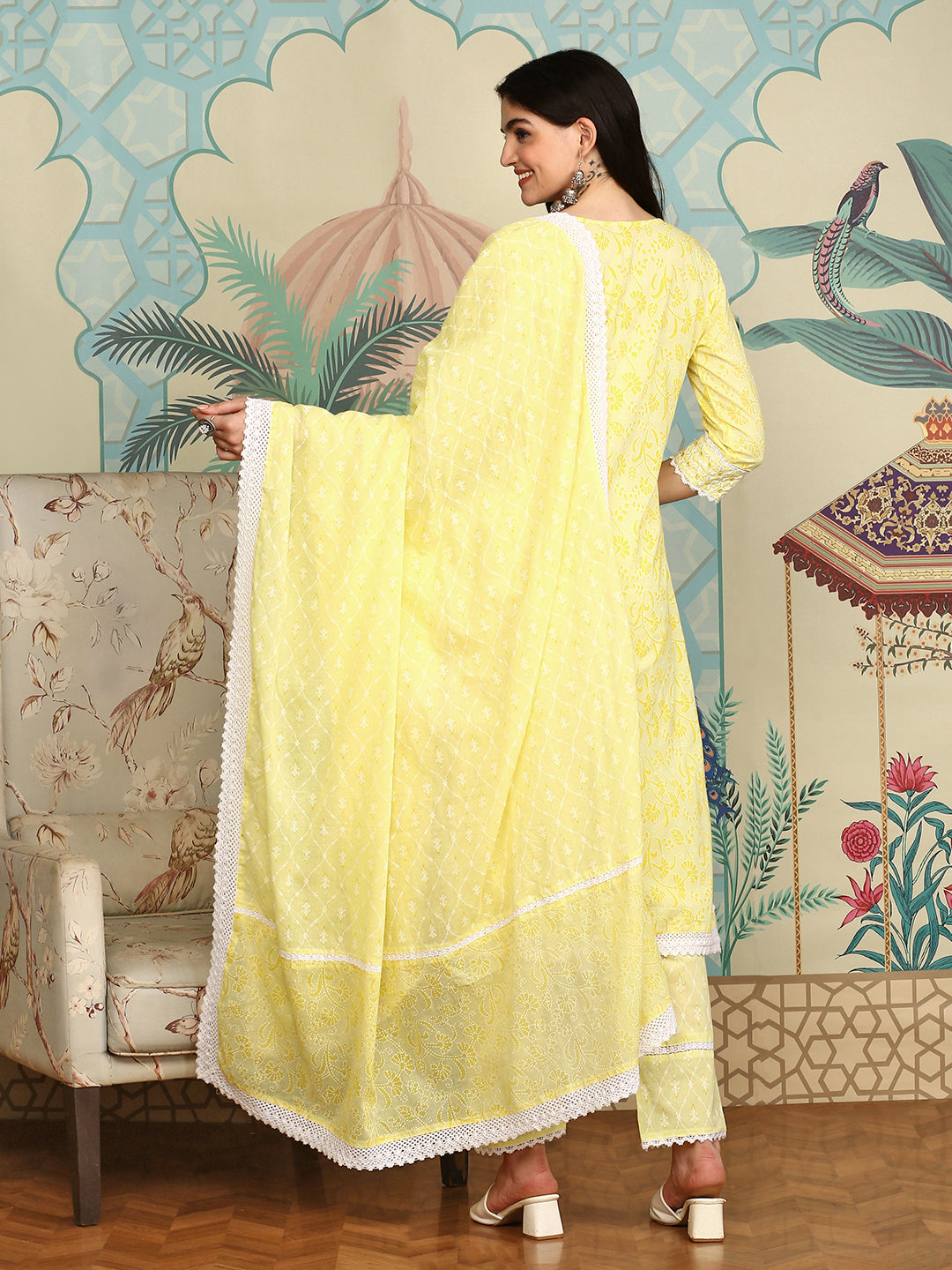 Comfy Yellow Cotton Embroidered Floral Kurta Set with Straight Bottom And  Scalloped Lace Dupatta