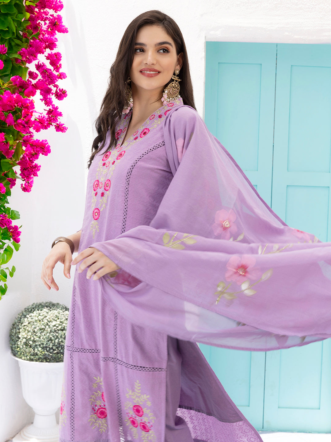 Cotton Purple Floral Embroidered Kurta Set with Straight Bottoms and Hand Painted Dupatta