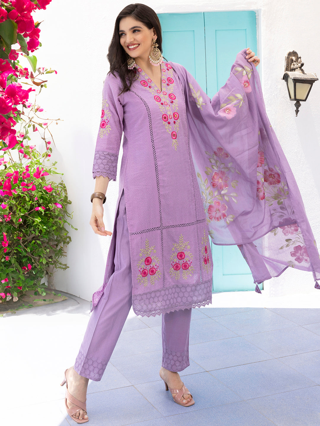 Cotton Purple Floral Embroidered Kurta Set with Straight Bottoms and Hand Painted Dupatta