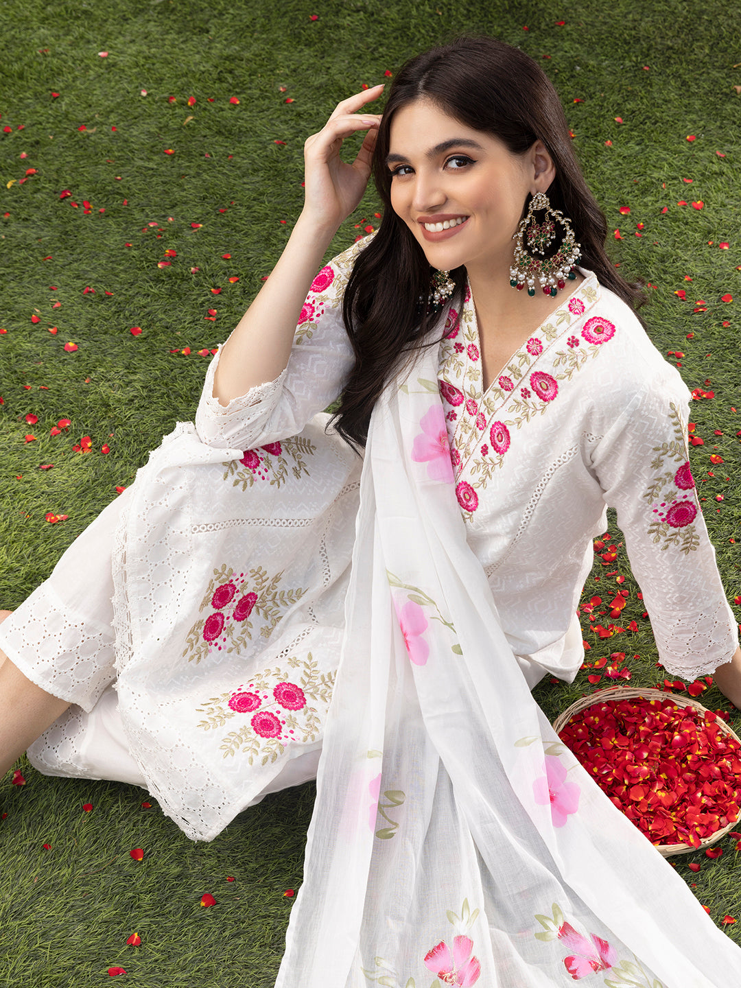 White Cotton Floral Embroidered Kurta Set with Straight Bottoms and Hand Painted Dupatta