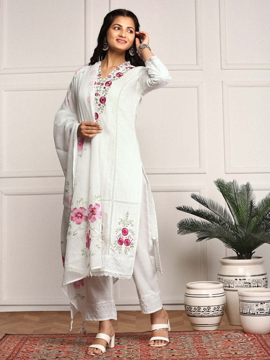 White Cotton Floral Embroidered Kurta Set with Straight Bottoms and Hand Painted Dupatta