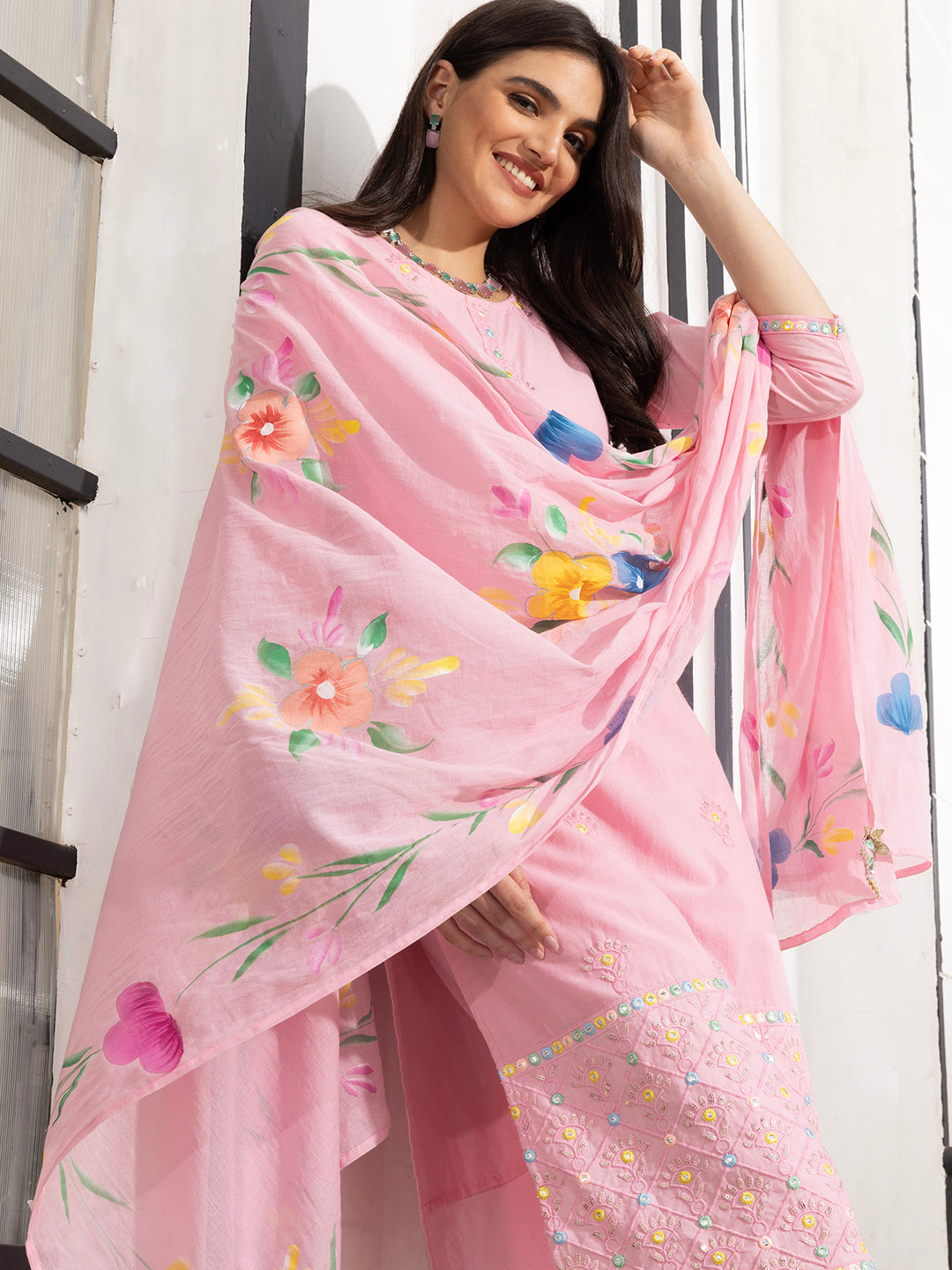 Soft Pink Cotton  Floral Embroidered Kurta Set with Straight Bottom and Hand Painted Tassel-Trimmed Dupatta