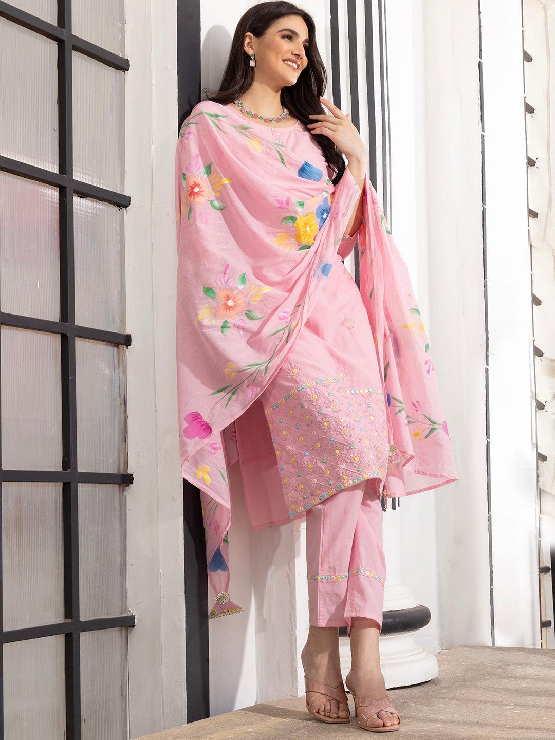 Soft Pink Cotton  Floral Embroidered Kurta Set with Straight Bottom and Hand Painted Tassel-Trimmed Dupatta