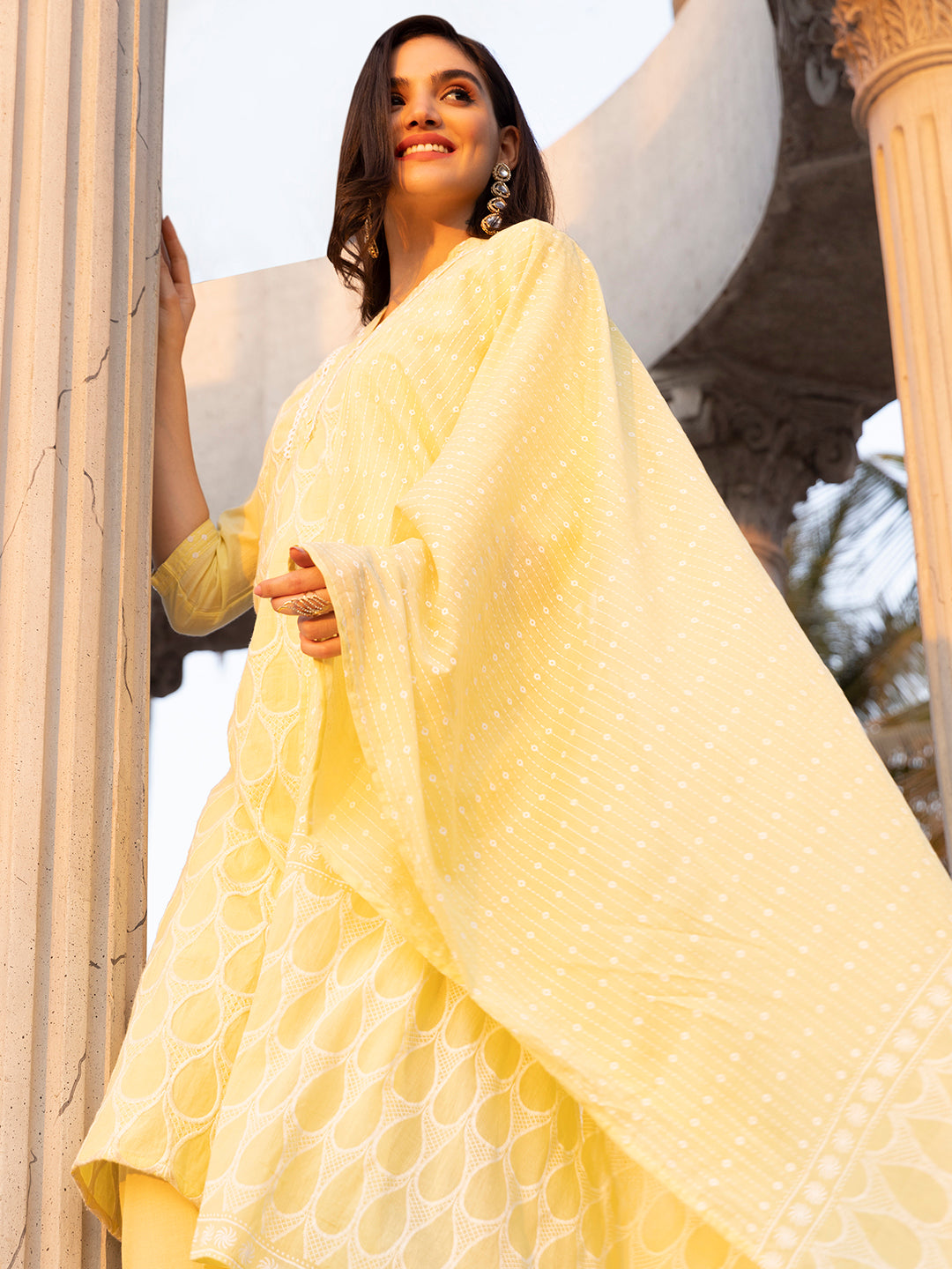 Comfy Yellow Cotton Geometric Embroidered Kurta Set with Straight Bottom and Soft Tassel-Trimmed Dupatta