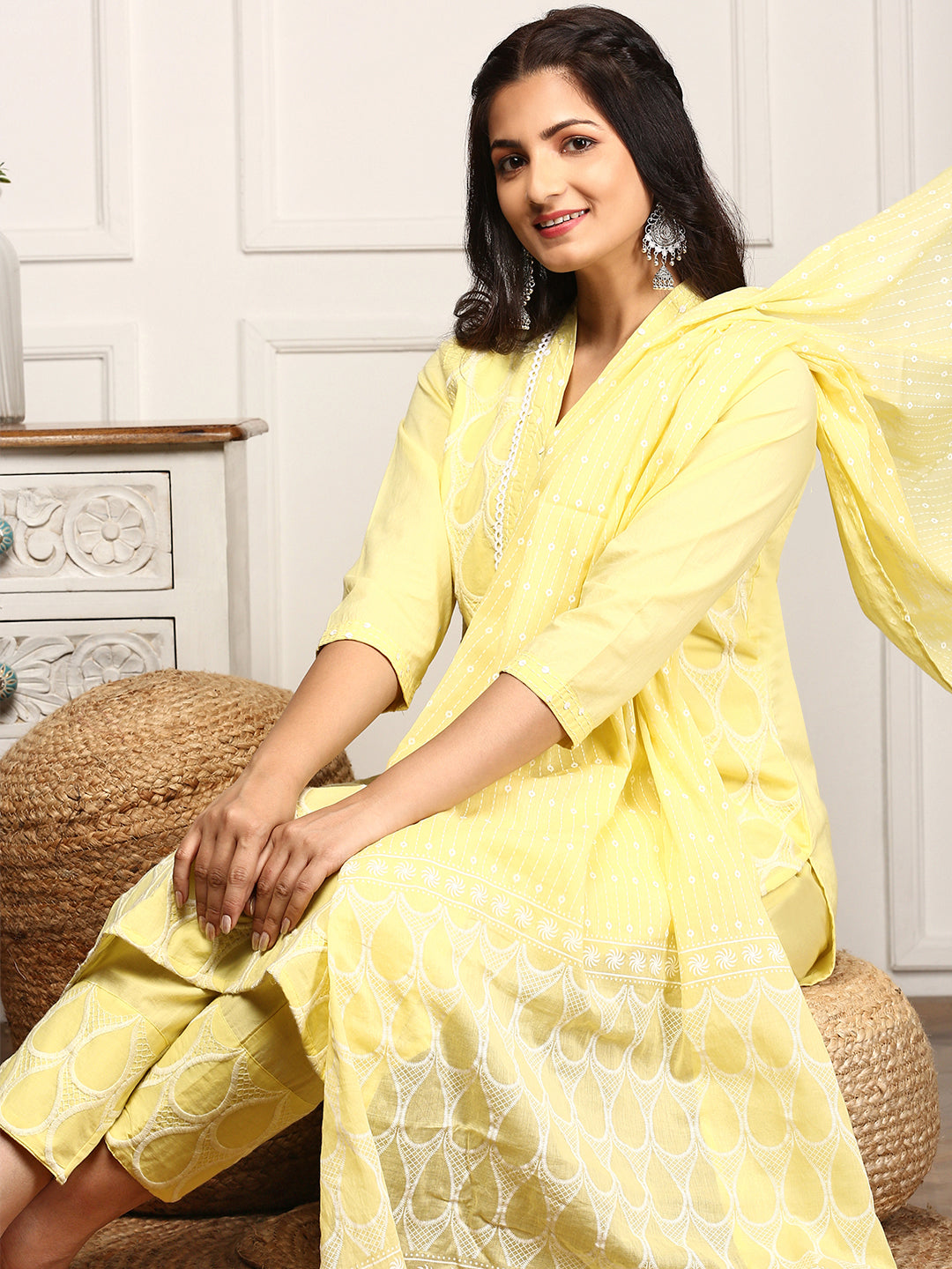 Comfy Yellow Cotton Geometric Embroidered Kurta Set with Straight Bottom and Soft Tassel-Trimmed Dupatta