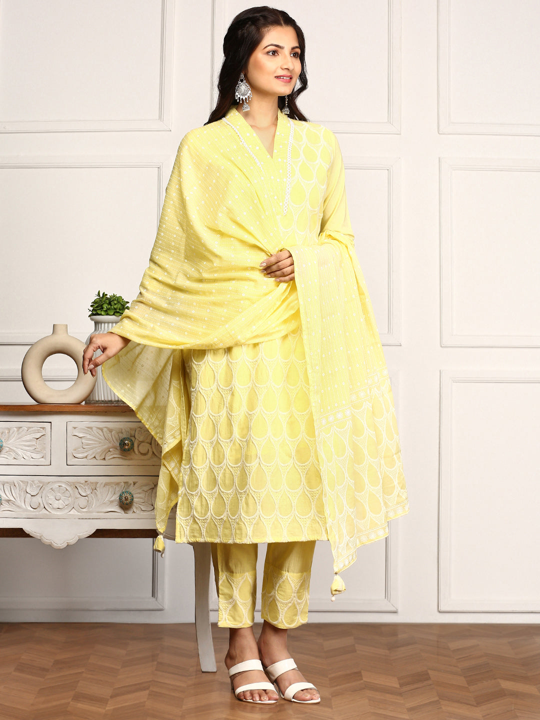 Comfy Yellow Cotton Geometric Embroidered Kurta Set with Straight Bottom and Soft Tassel-Trimmed Dupatta