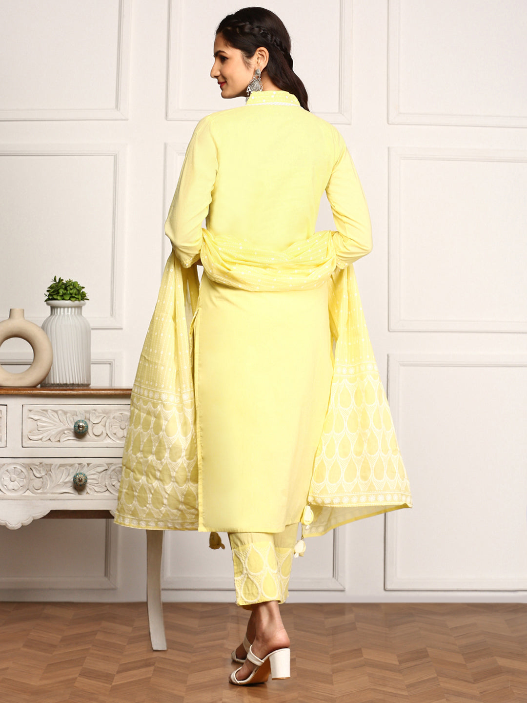 Comfy Yellow Cotton Geometric Embroidered Kurta Set with Straight Bottom and Soft Tassel-Trimmed Dupatta