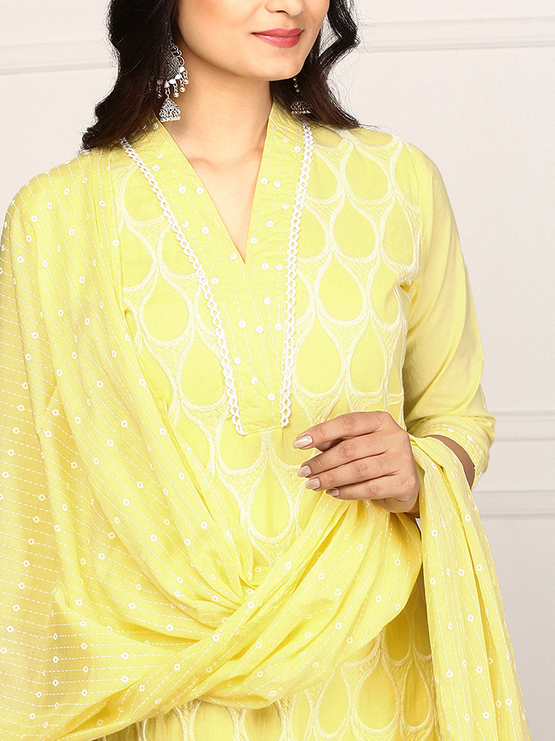 Comfy Yellow Cotton Geometric Embroidered Kurta Set with Straight Bottom and Soft Tassel-Trimmed Dupatta