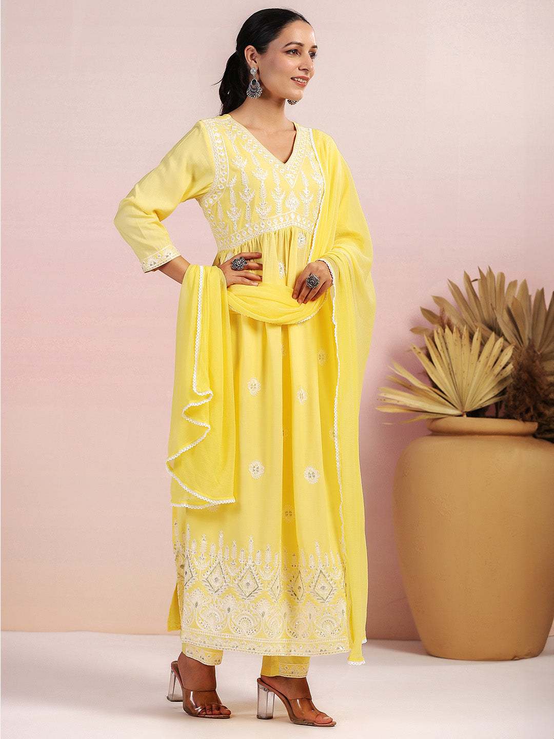 Thread Work Embellished Rayon A-line Kurta with Solid Pant and Soft Art Silk Dupatta