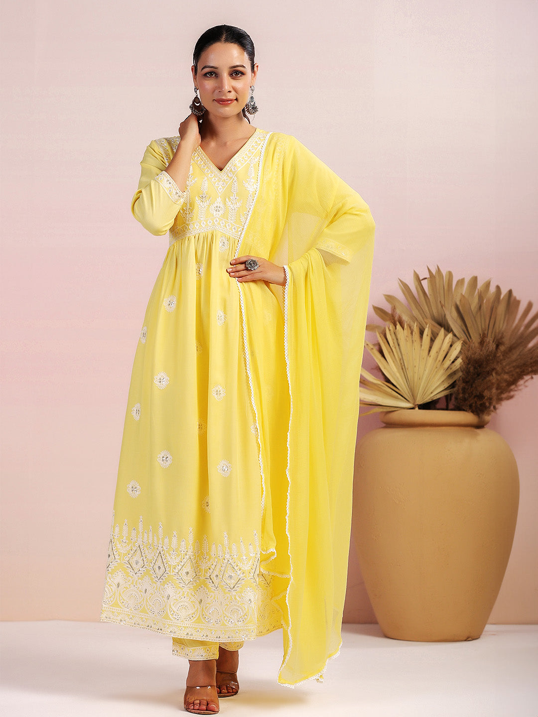 Thread Work Embellished Rayon A-line Kurta with Solid Pant and Soft Art Silk Dupatta