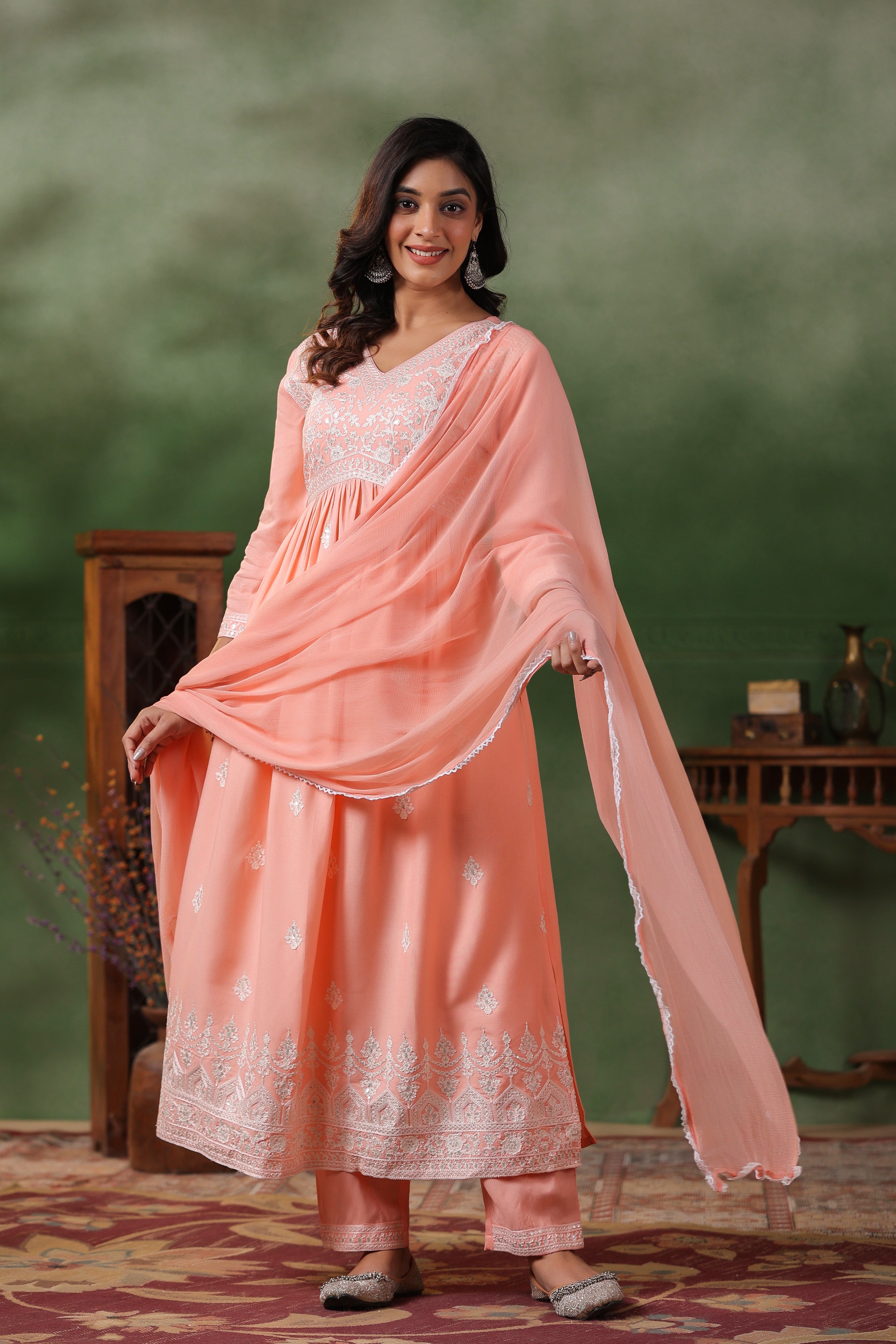 Ethnic Motifs Embroidered Pleated Kurta with Trousers & Dupatta