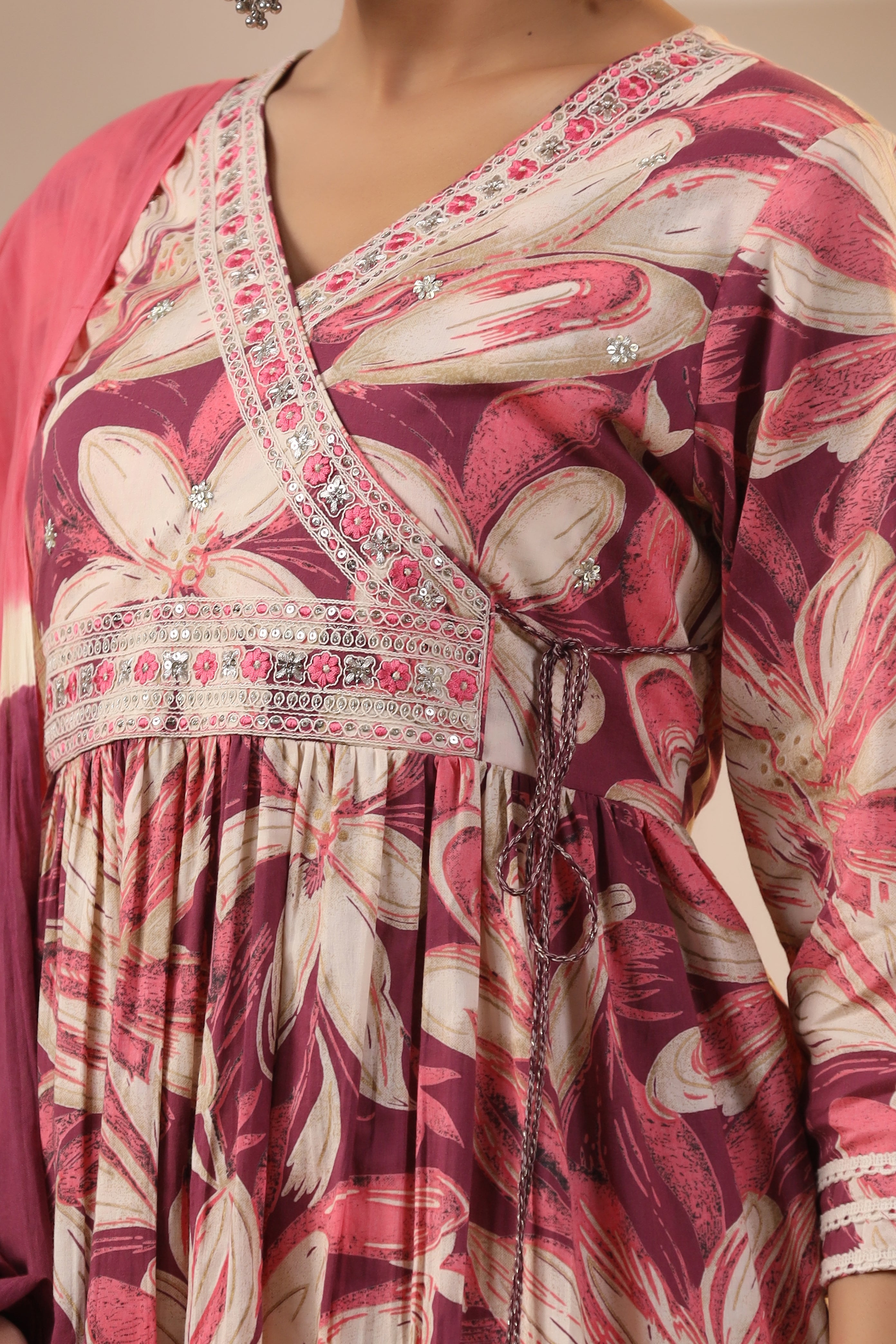 Floral Printed Cotton Angrakha A-line Kurta with Sharara and Mulmul Dupatta