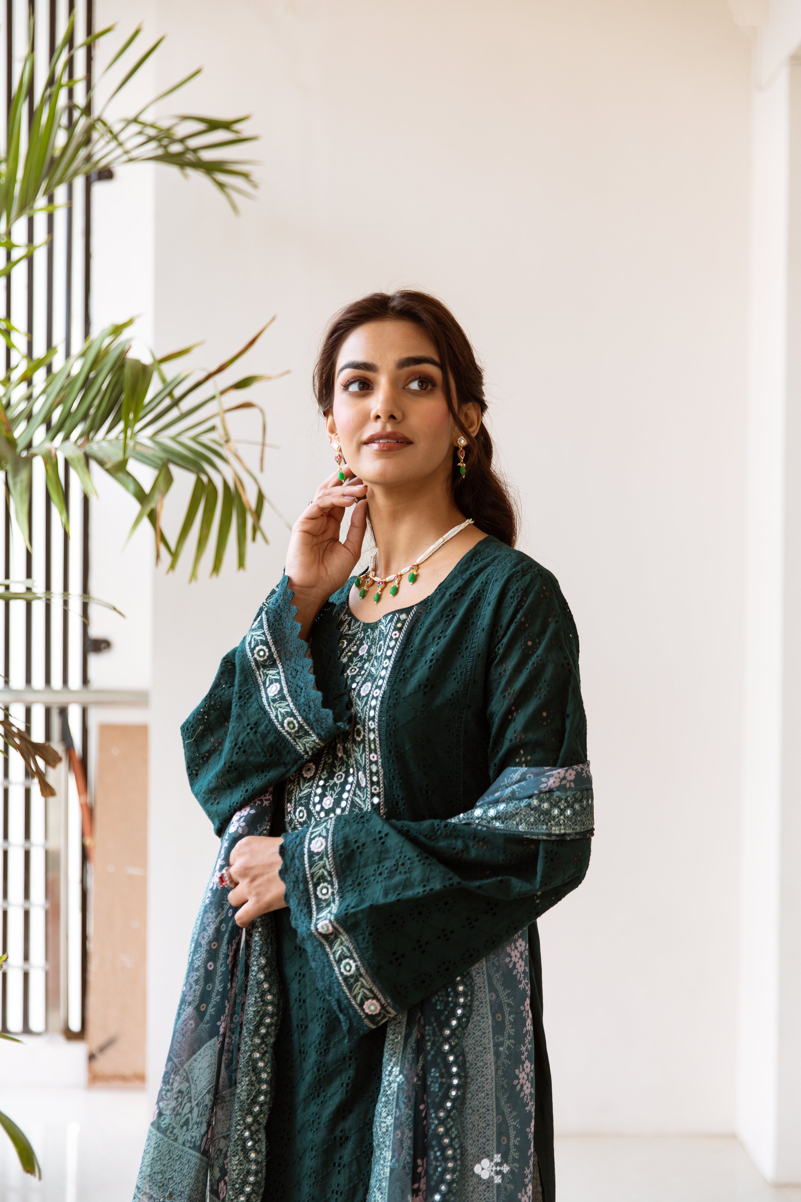 Schiffli Green Floral Embroidered  Kurta Set with Art Silk Printed Scalloped Dupatta