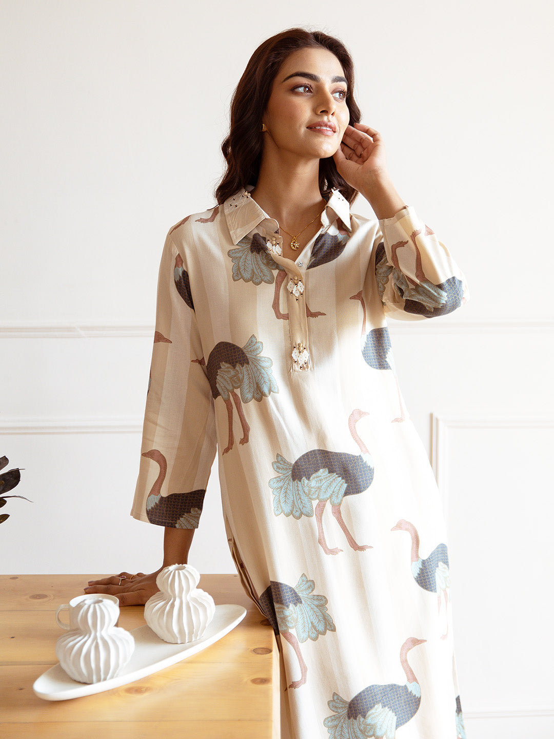 Comfy Rayon Animal Printed Cream Quirky Relaxed Kurta Set with Straight Bottom