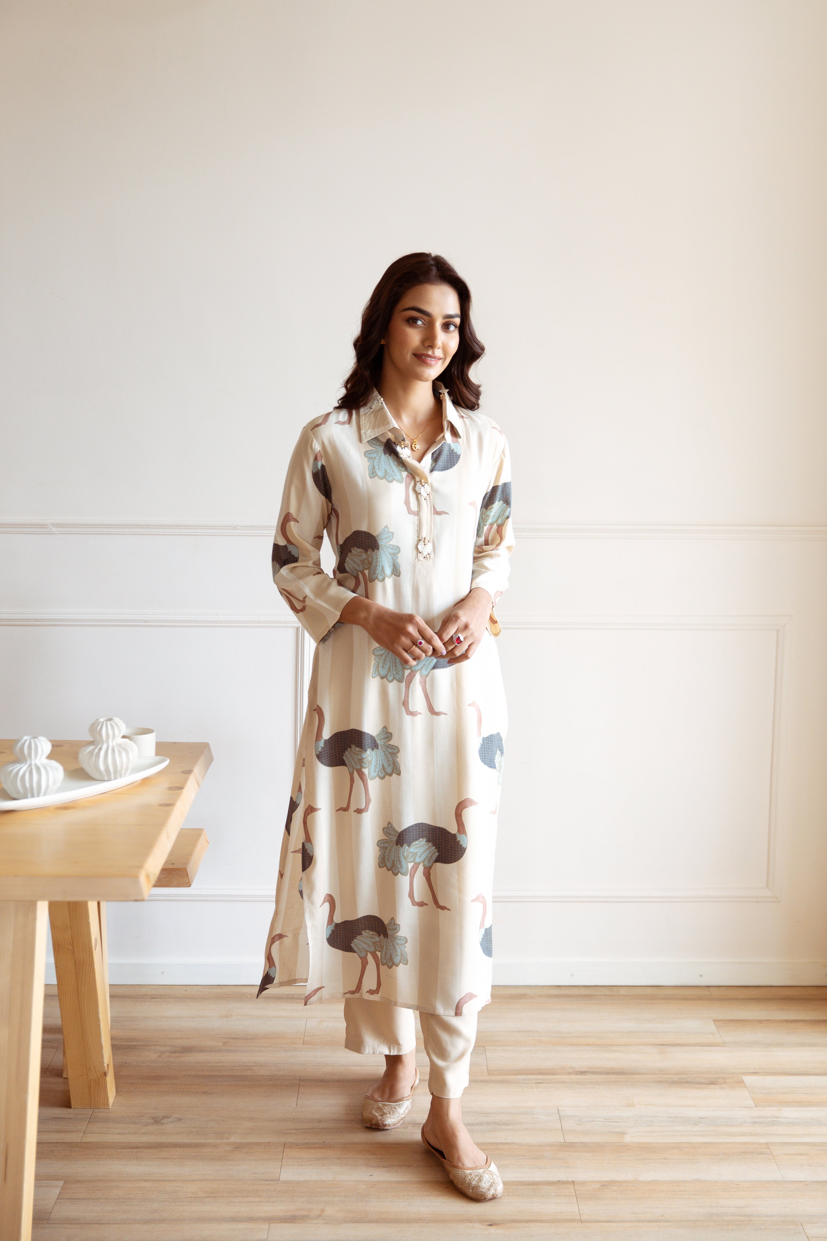 Comfy Rayon Animal Printed Cream Quirky Relaxed Kurta Set with Straight Bottom