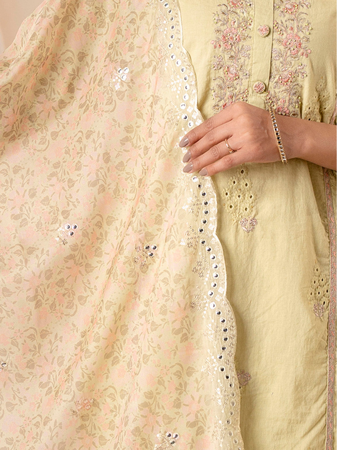 Floral Embroidered Thread Work Pure Cotton Kurta With Palazzos & Dupatta