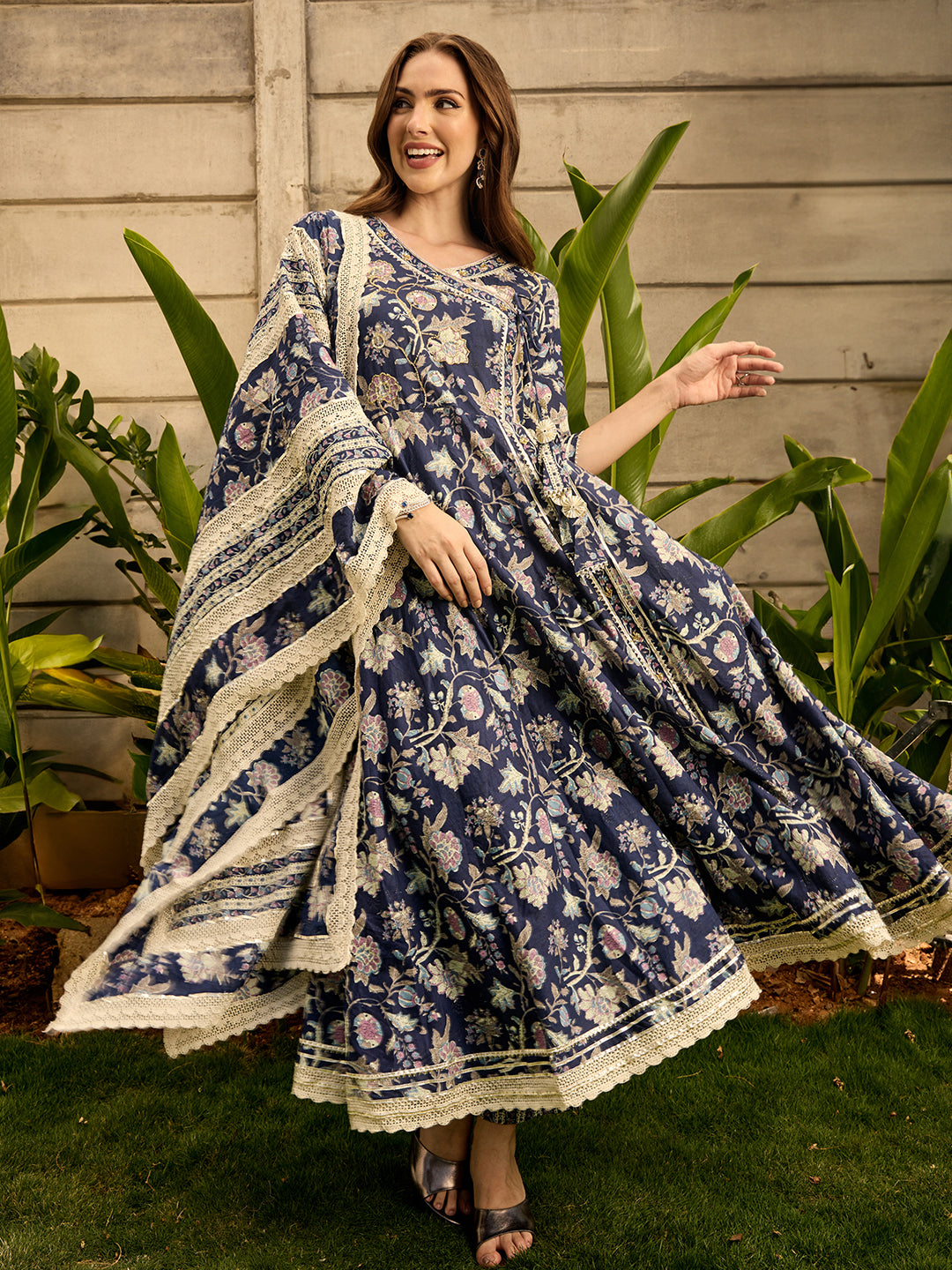 Graceful Cotton Blue Floral Printed  Angrakha Kurta with Straight Bottom and Cotton Printed Dupatta