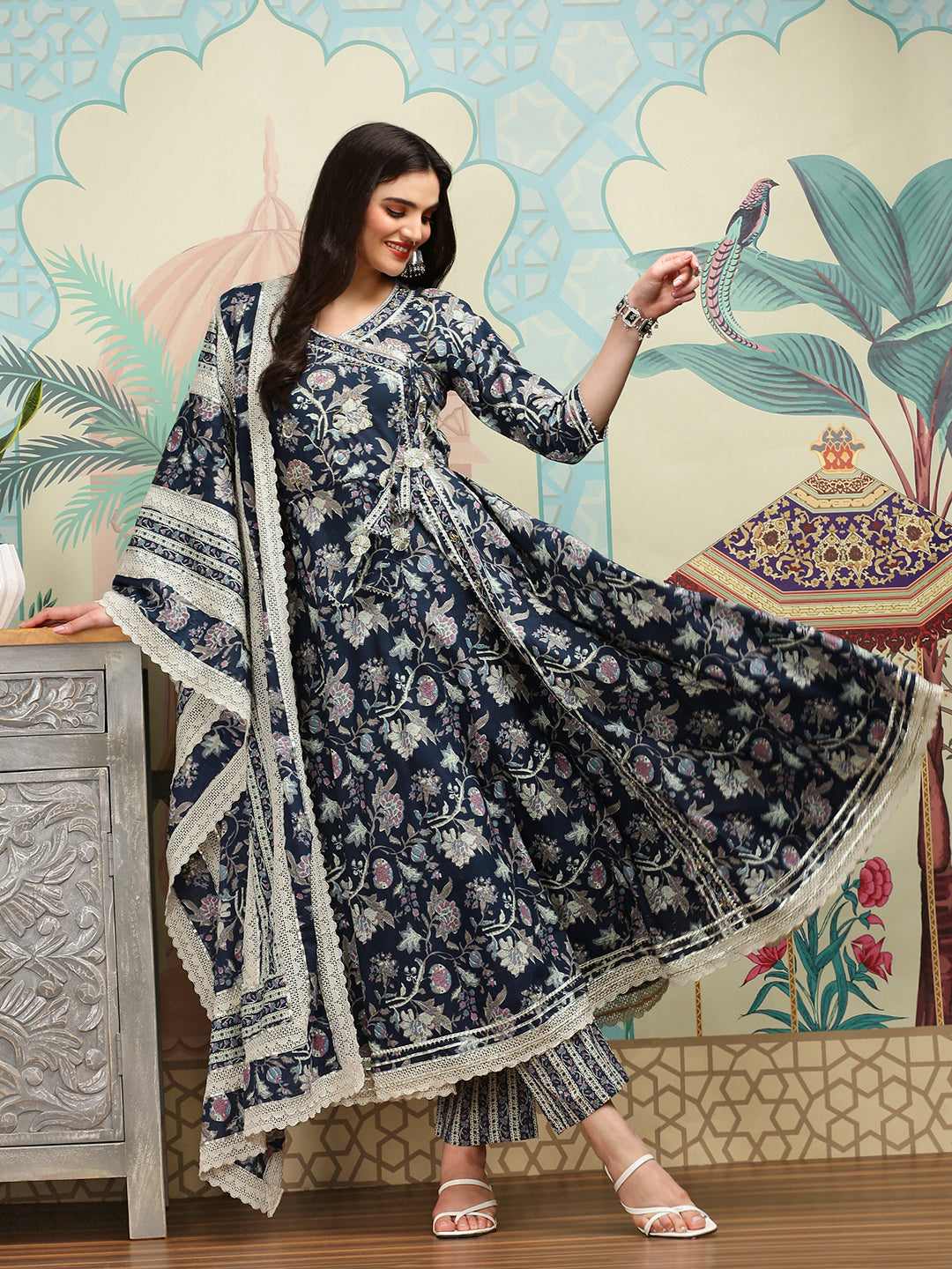 Graceful Cotton Blue Floral Printed  Angrakha Kurta with Straight Bottom and Cotton Printed Dupatta