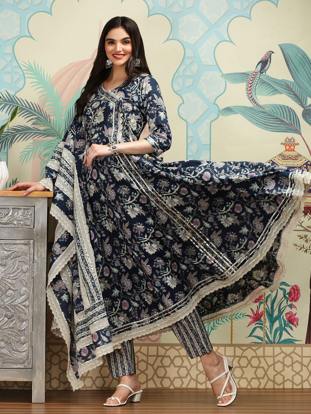 Graceful Cotton Blue Floral Printed  Angrakha Kurta with Straight Bottom and Cotton Printed Dupatta