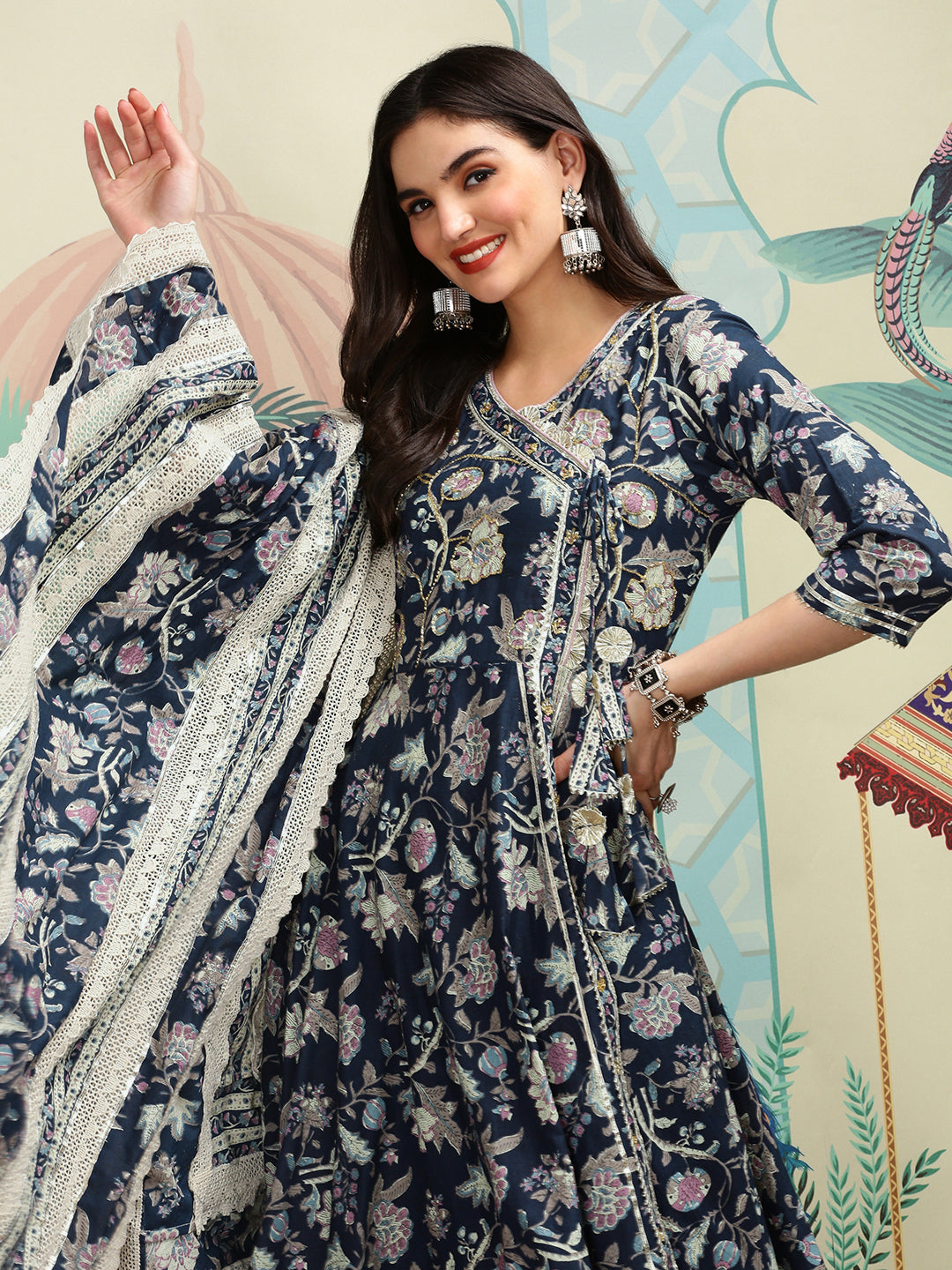 Graceful Cotton Blue Floral Printed  Angrakha Kurta with Straight Bottom and Cotton Printed Dupatta