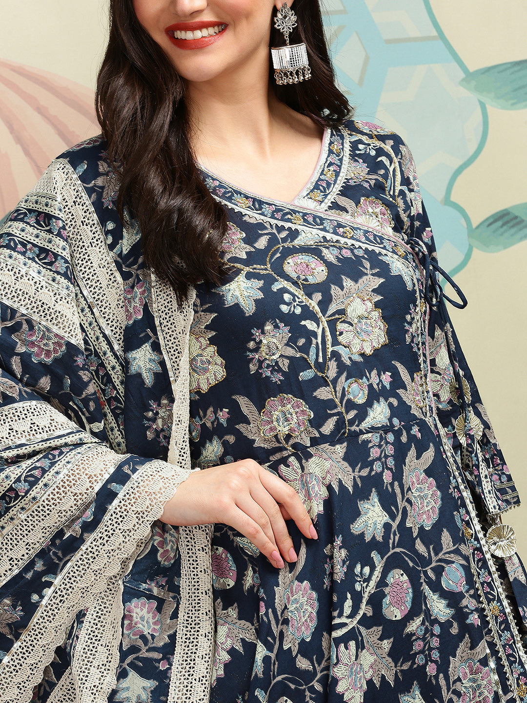 Graceful Cotton Blue Floral Printed  Angrakha Kurta with Straight Bottom and Cotton Printed Dupatta