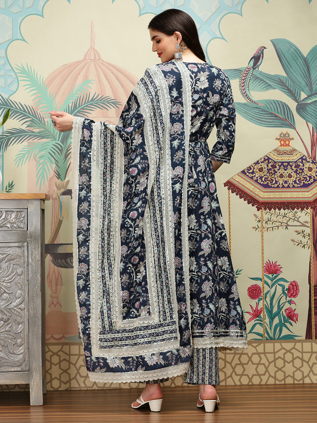 Graceful Cotton Blue Floral Printed  Angrakha Kurta with Straight Bottom and Cotton Printed Dupatta