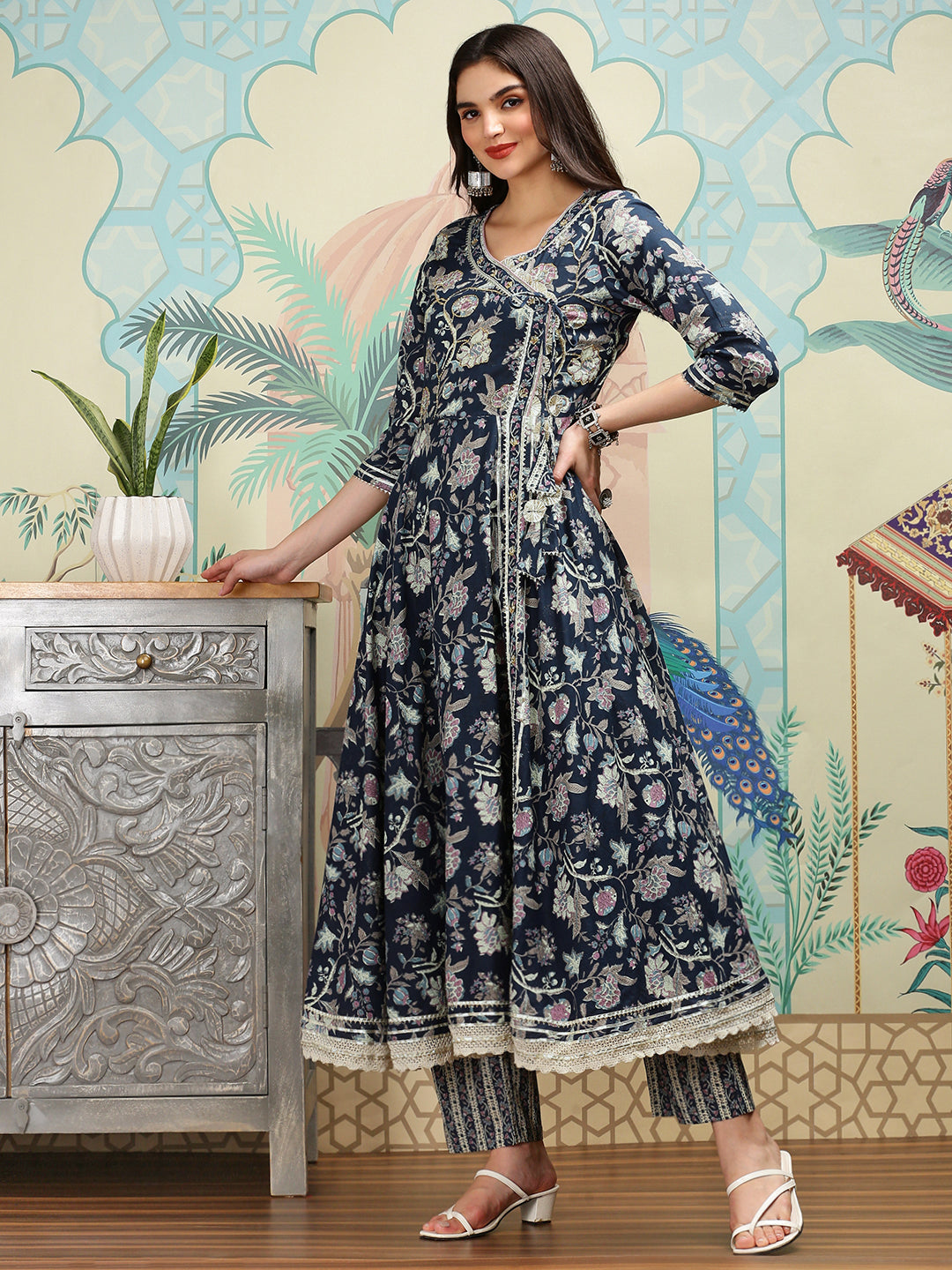 Graceful Cotton Blue Floral Printed  Angrakha Kurta with Straight Bottom and Cotton Printed Dupatta