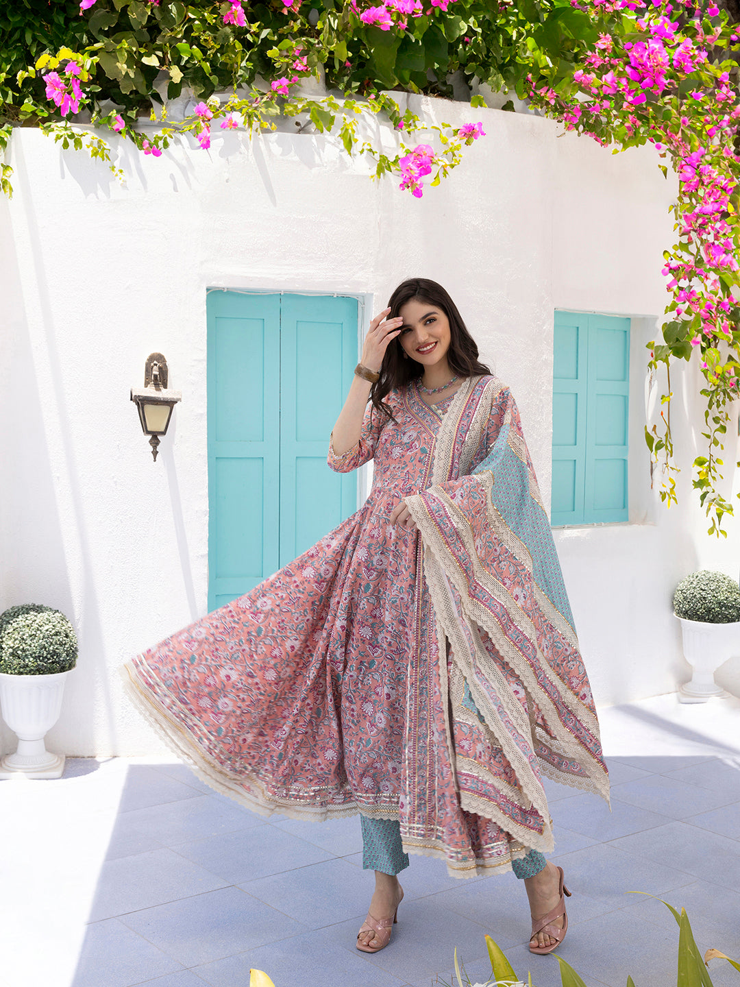 Graceful Cotton Multi-color Floral Printed  Angrakha Kurta with Straight Bottom and Cotton Printed Dupatta