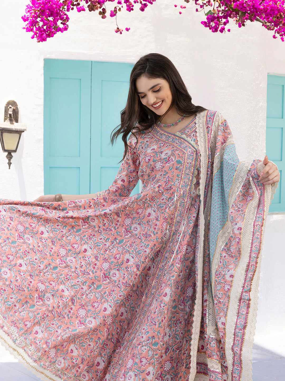 Graceful Cotton Multi-color Floral Printed  Angrakha Kurta with Straight Bottom and Cotton Printed Dupatta