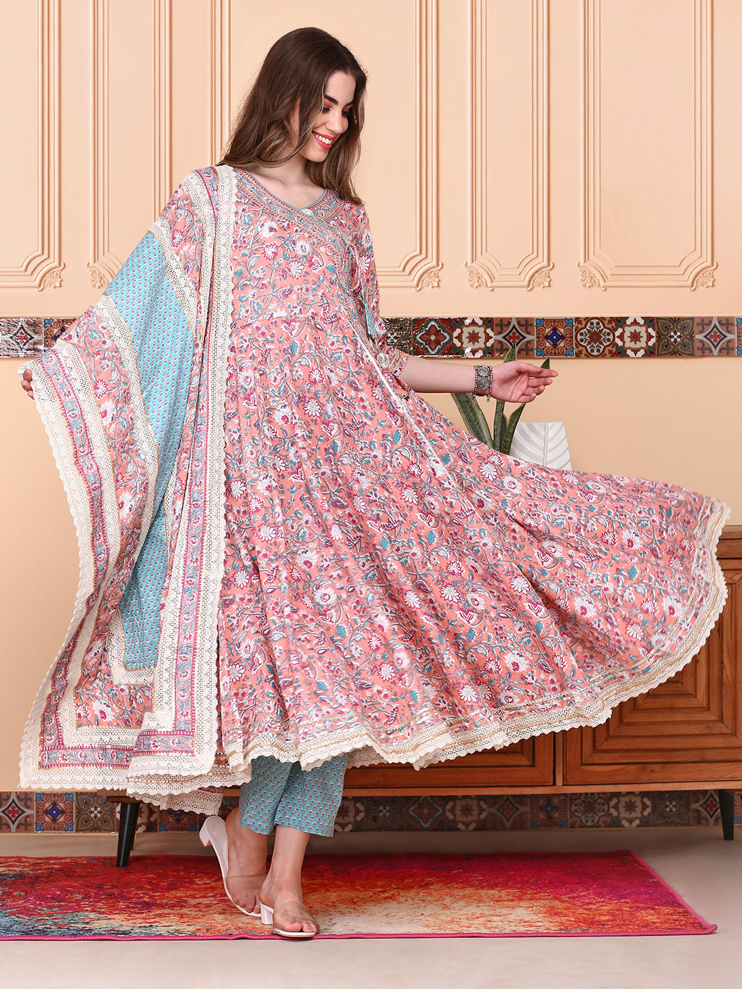 Graceful Cotton Multi-color Floral Printed  Angrakha Kurta with Straight Bottom and Cotton Printed Dupatta