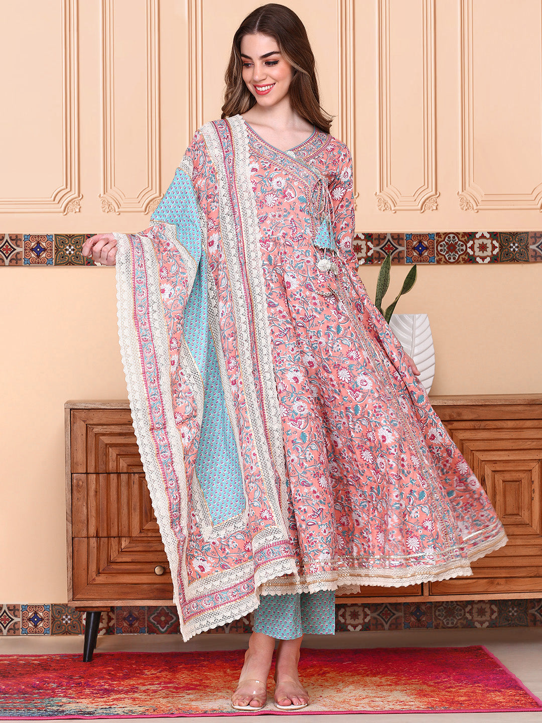 Graceful Cotton Multi-color Floral Printed  Angrakha Kurta with Straight Bottom and Cotton Printed Dupatta