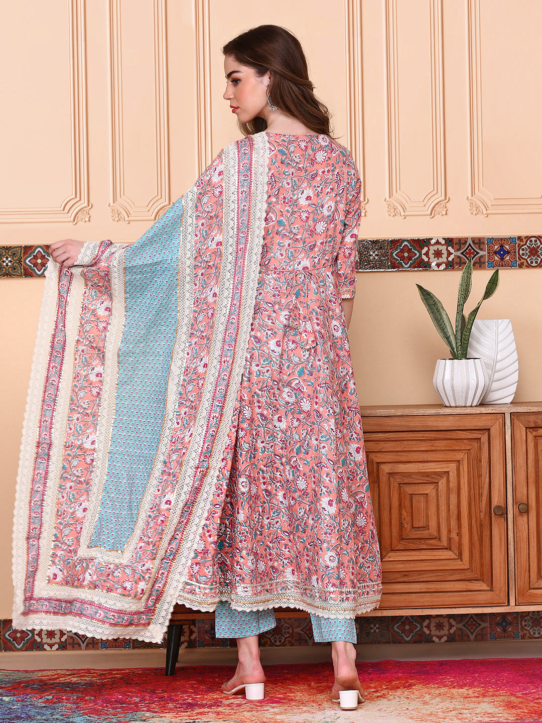 Graceful Cotton Multi-color Floral Printed  Angrakha Kurta with Straight Bottom and Cotton Printed Dupatta