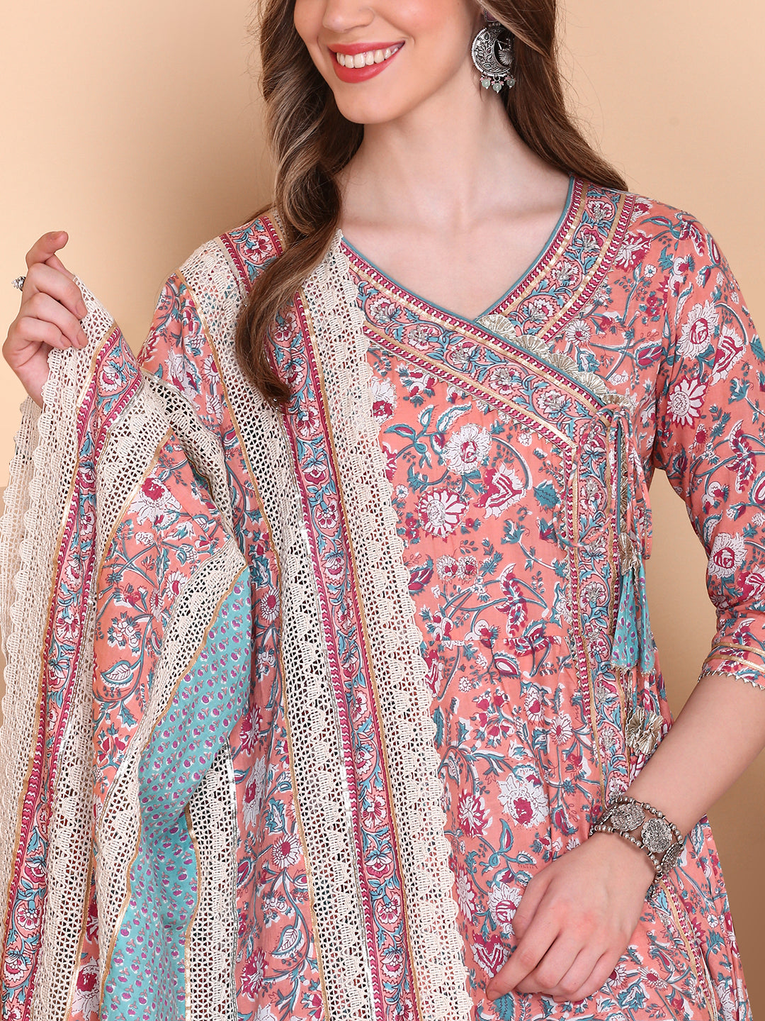 Graceful Cotton Multi-color Floral Printed  Angrakha Kurta with Straight Bottom and Cotton Printed Dupatta