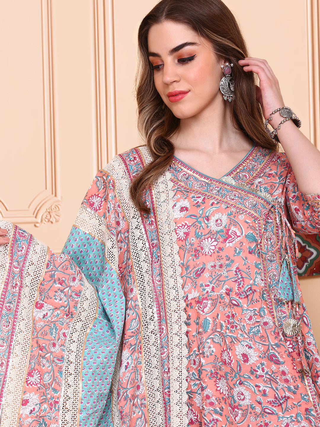 Graceful Cotton Multi-color Floral Printed  Angrakha Kurta with Straight Bottom and Cotton Printed Dupatta