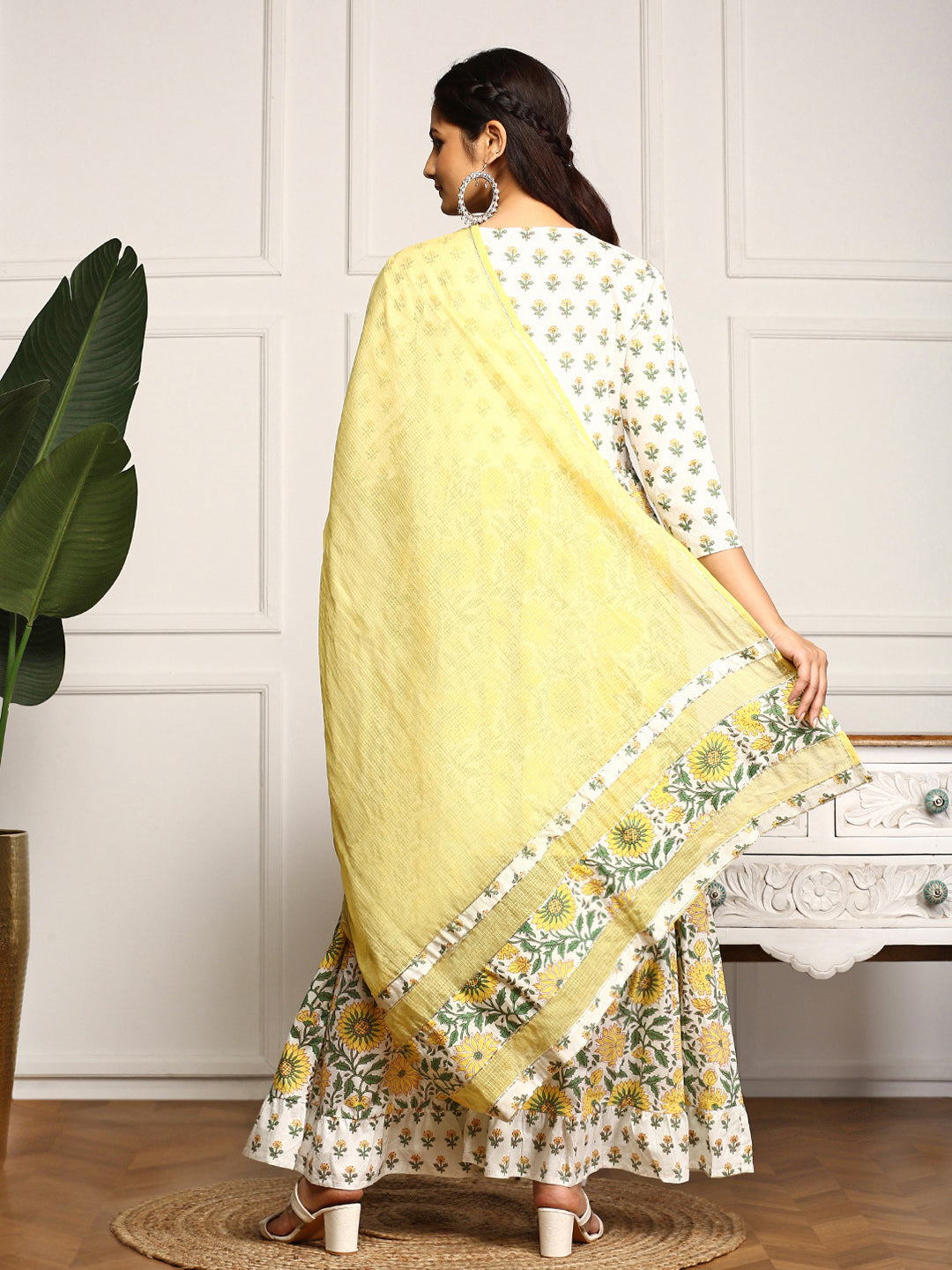 Floral Printed Sequinned Pleated V-Neck Pure Cotton Kurta With Sharara & Dupatta