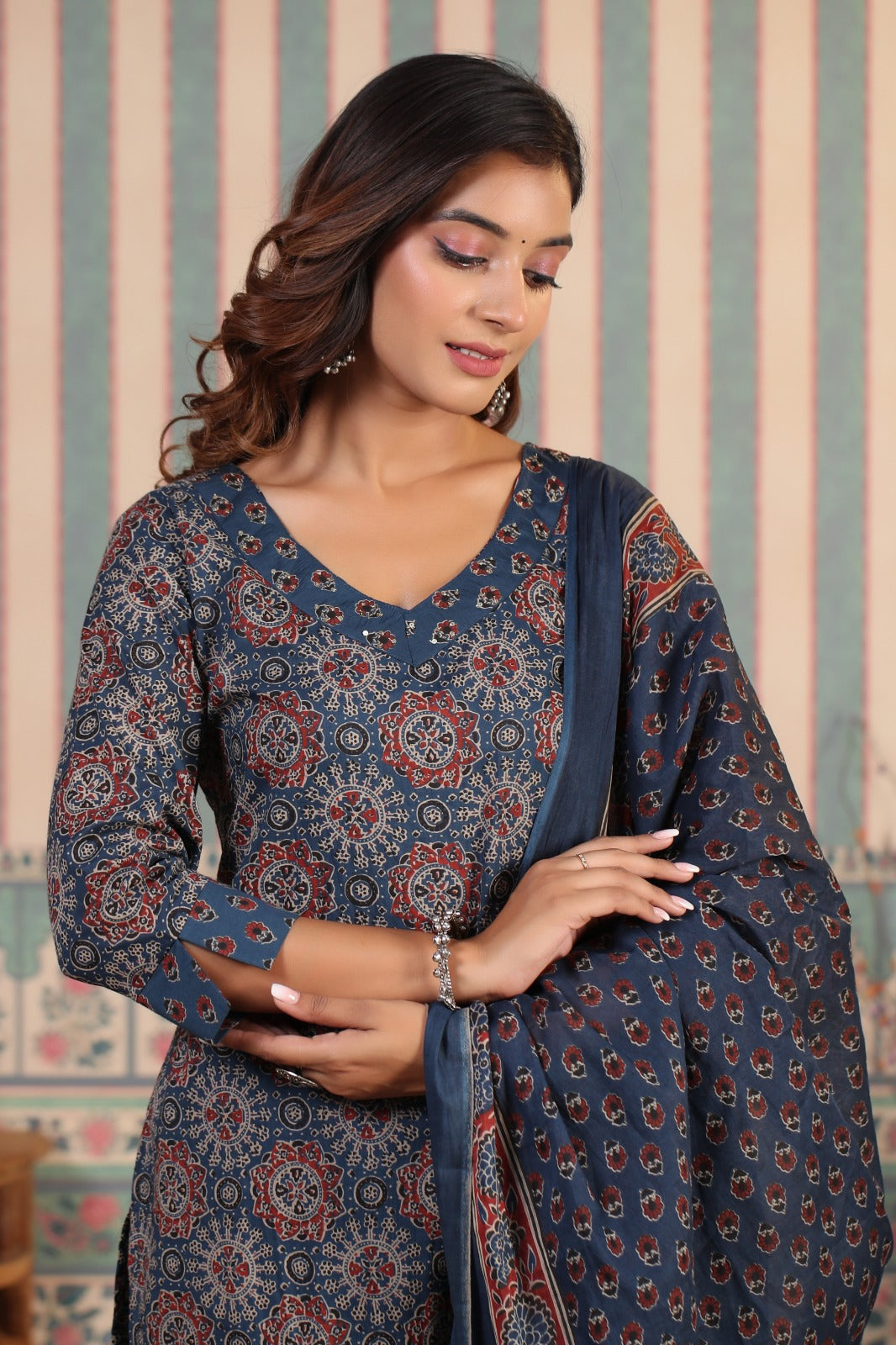 Comfy Blue Cotton Ajrakh Print Kurta Set with Straight Bottom and Printed Dupatta