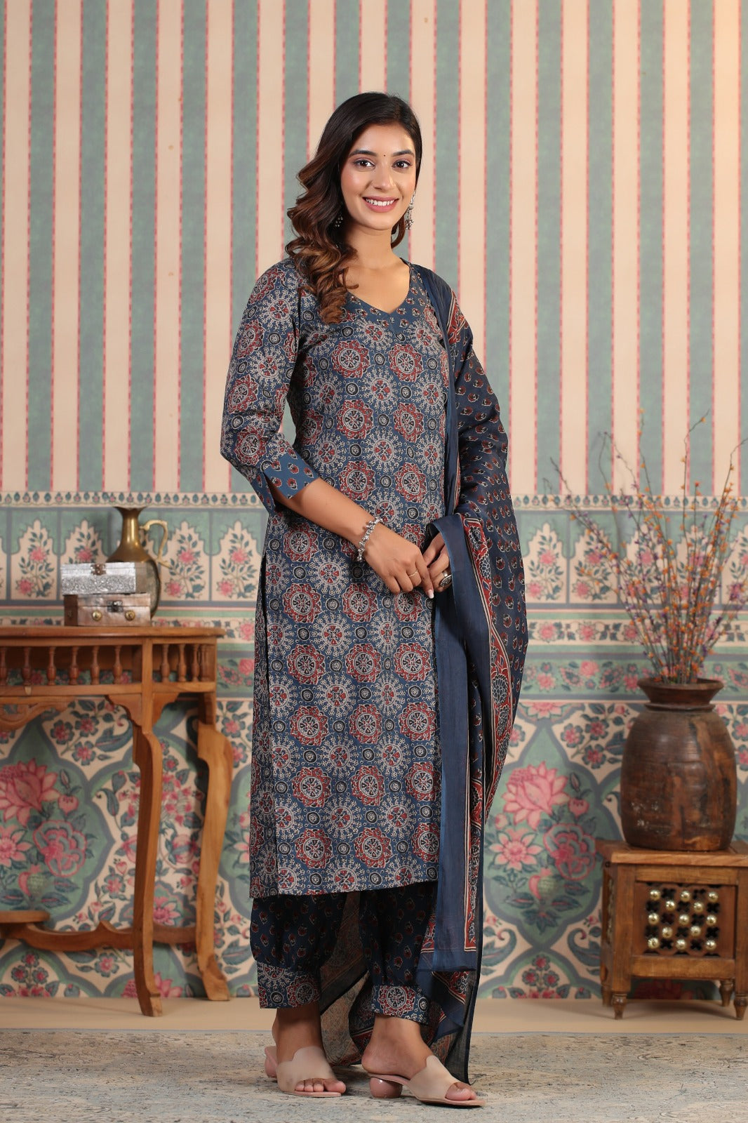 Comfy Blue Cotton Ajrakh Print Kurta Set with Straight Bottom and Printed Dupatta