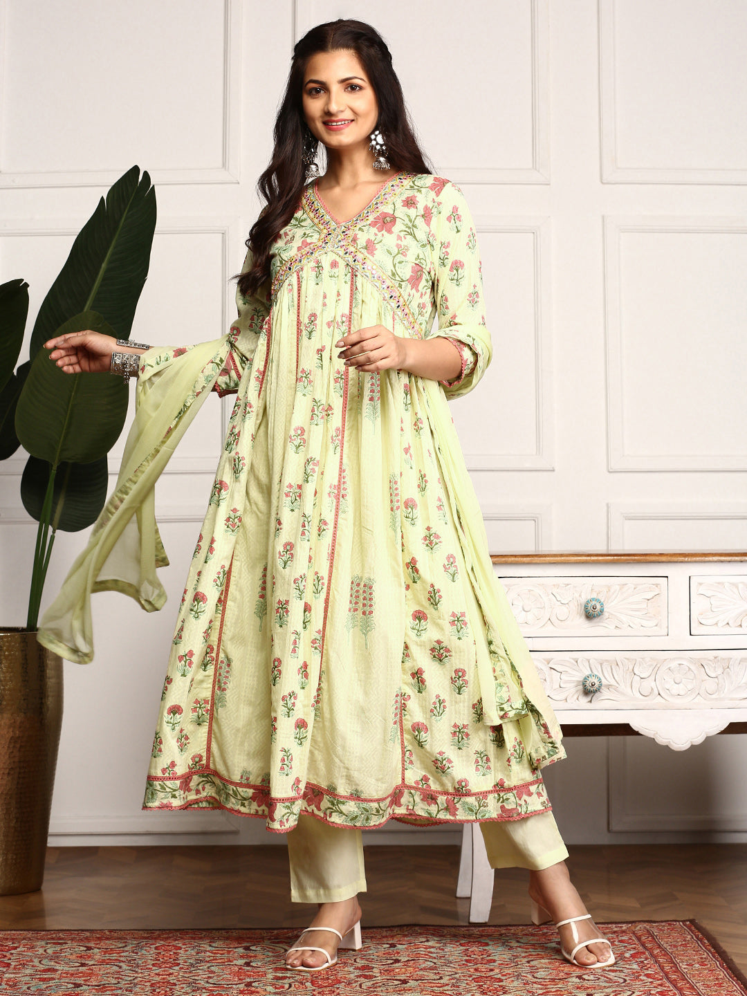 Floral Motifs Printed Empire Mirror Work Anarkali Kurta With Trousers & Dupatta