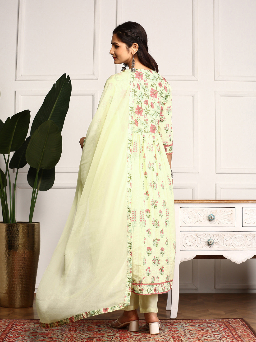 Floral Motifs Printed Empire Mirror Work Anarkali Kurta With Trousers & Dupatta