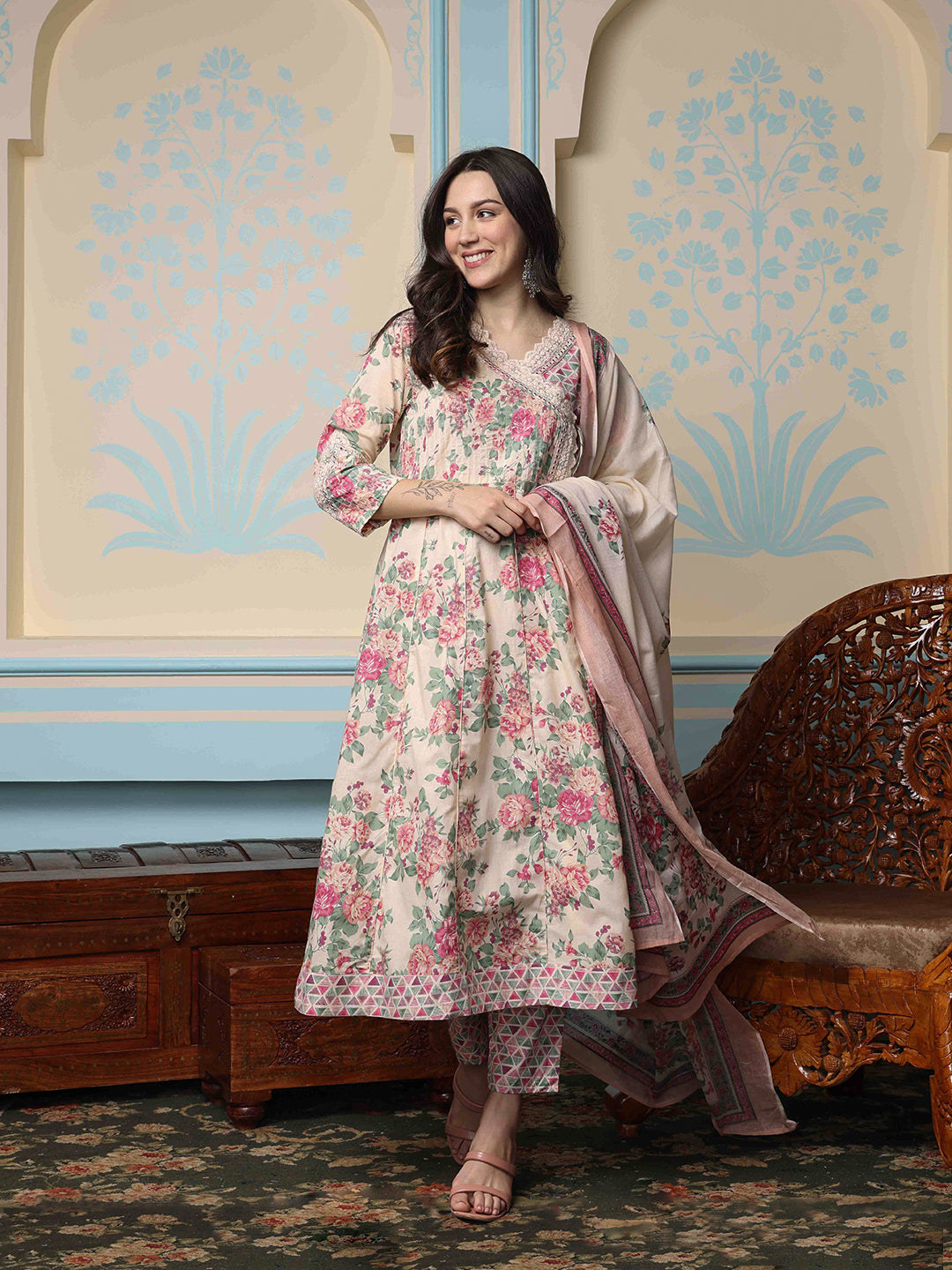 Soft Cotton Cream Floral Printed Anarkali Kurta with Cotton Printed Dupatta & Straight Bottom