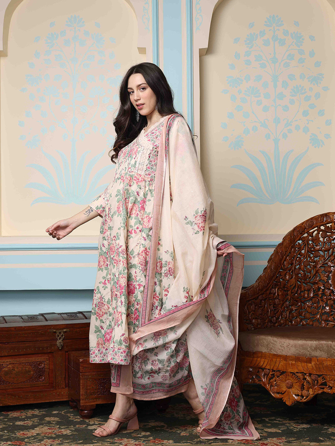 Soft Cotton Cream Floral Printed Anarkali Kurta with Cotton Printed Dupatta & Straight Bottom