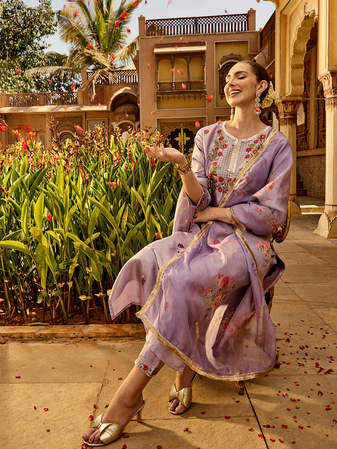 Silk Lavender Chiffon Floral Embroidered Kurta Set with Sheer Silk Crepe Printed Dupatta