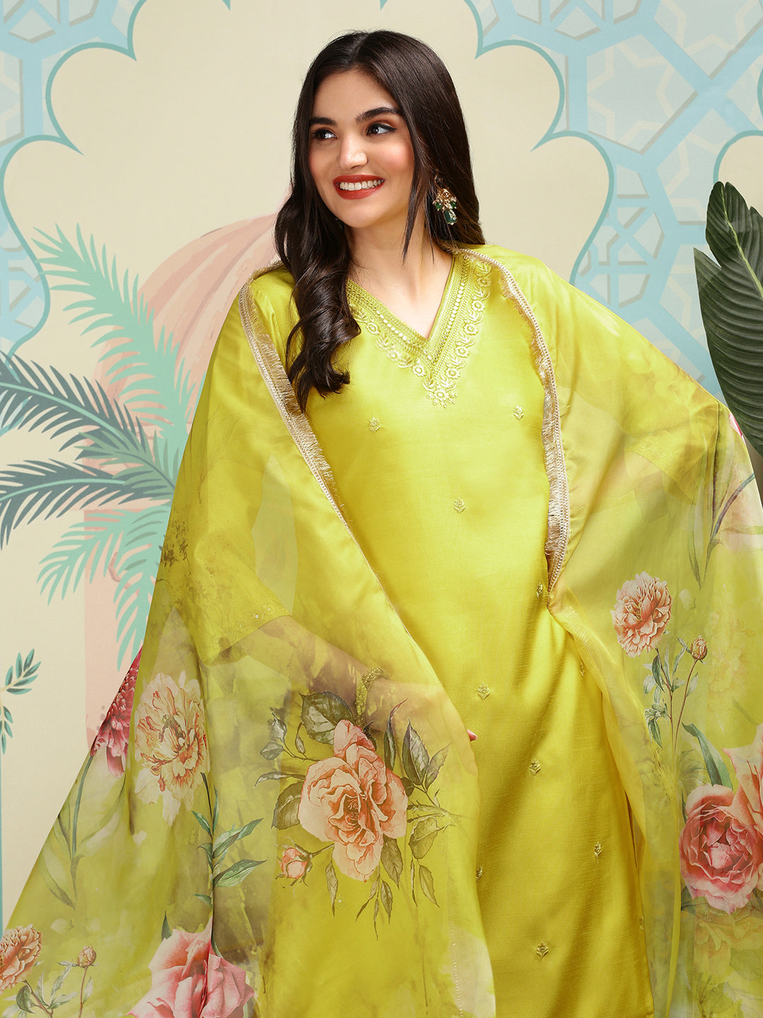 Silk Chiffon Mustard Floral Embroidered Kurta Set with Sheer Floral Printed Dupatta