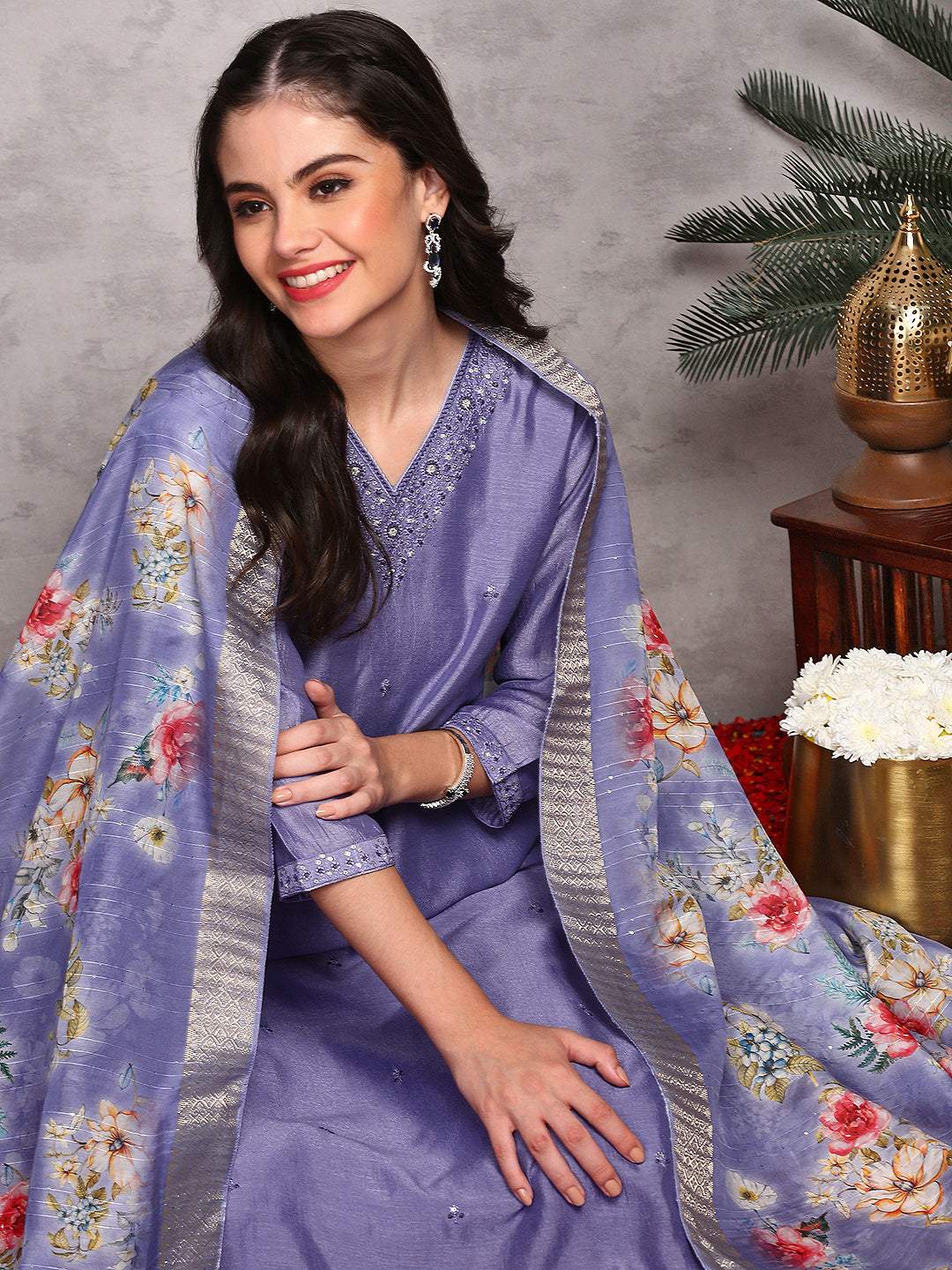 Rich Purple Poly Crepe Sequin Embroidered Kurta Set with Straight Botoom and Flowy Floral Printed Dupatta