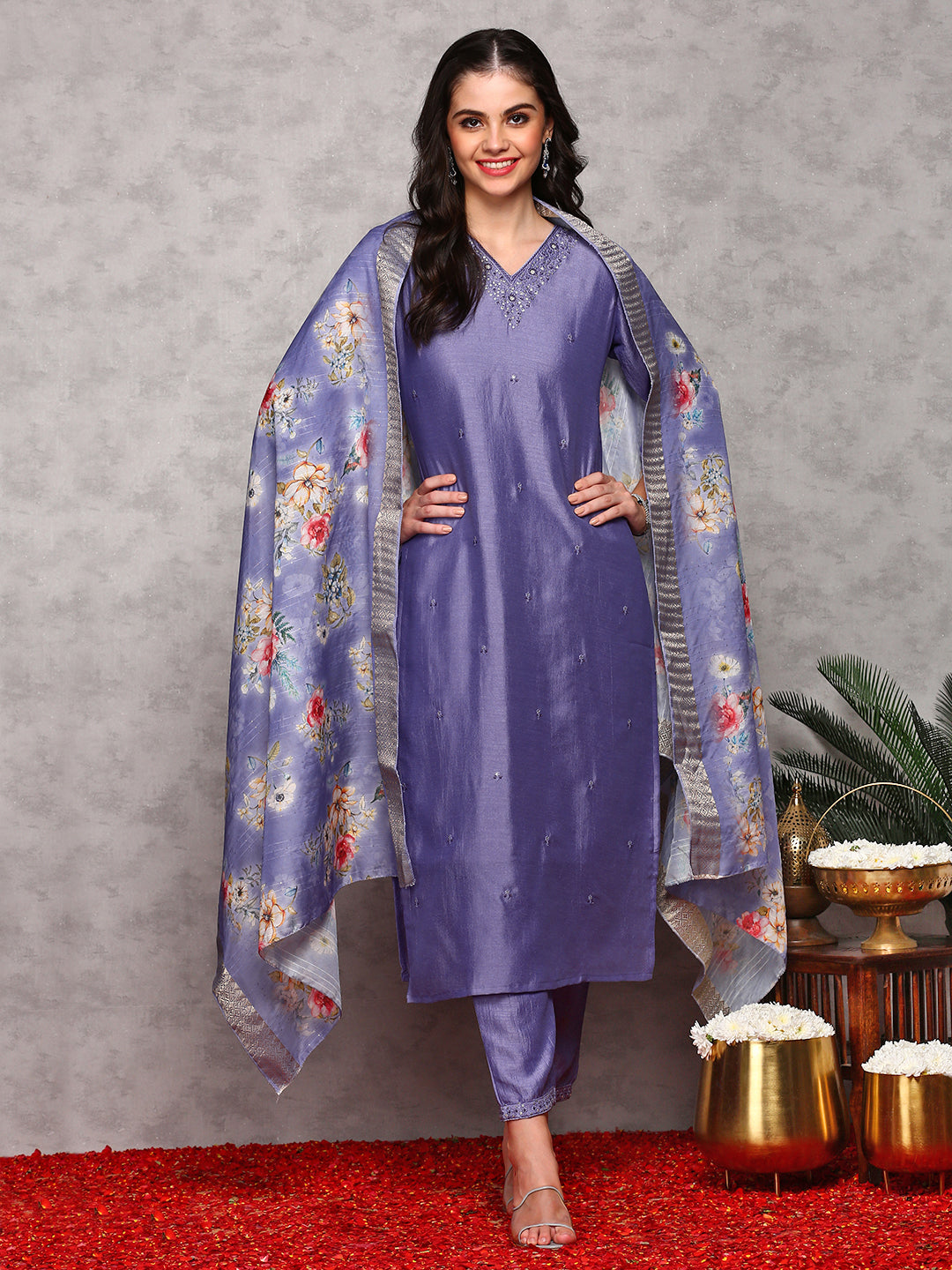 Rich Purple Poly Crepe Sequin Embroidered Kurta Set with Straight Botoom and Flowy Floral Printed Dupatta