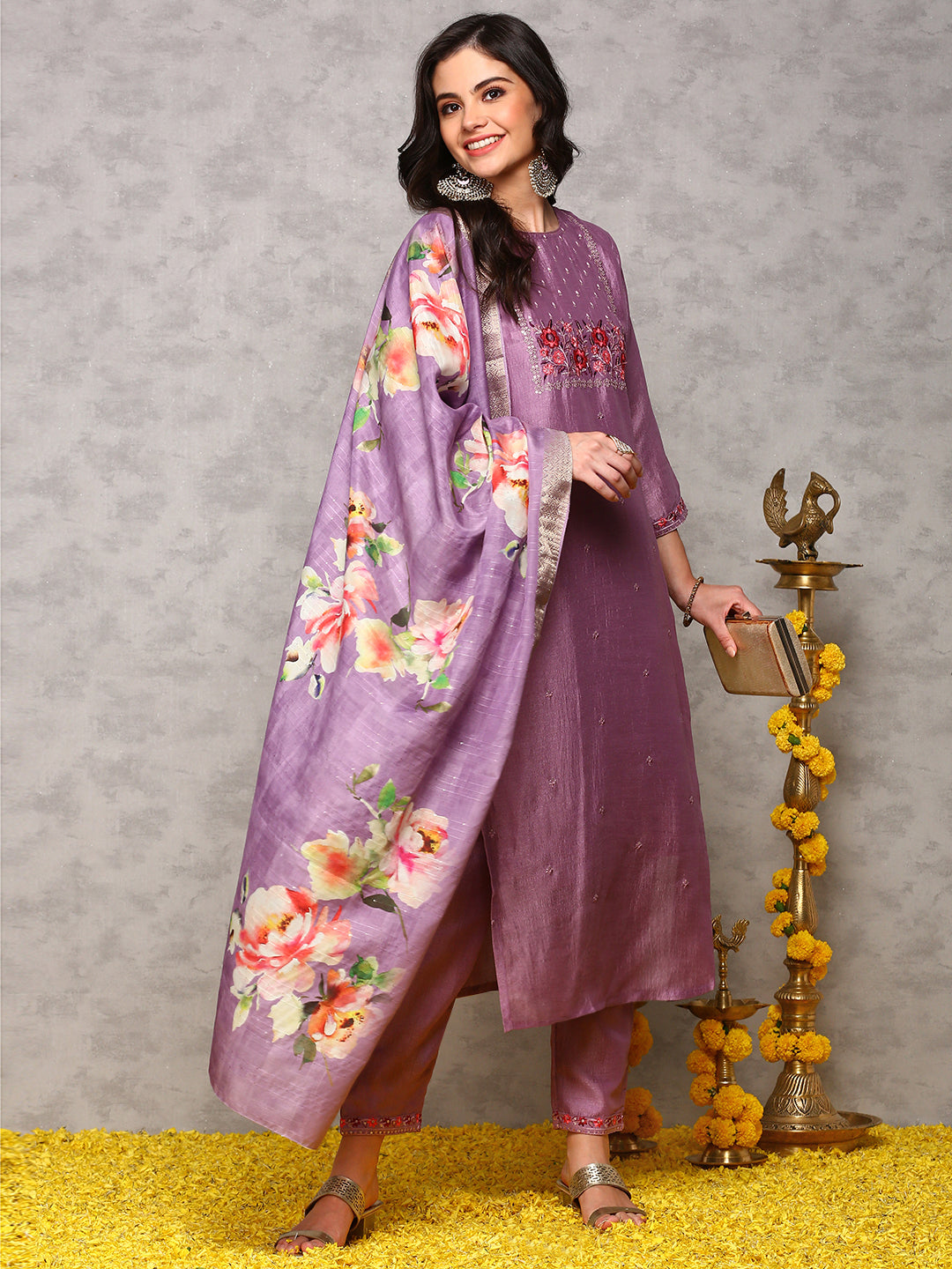 Rich Lavender Poly Crepe Sequin Embroidered Kurta Set with Straight Botoom and Flowy Floral Printed Dupatta