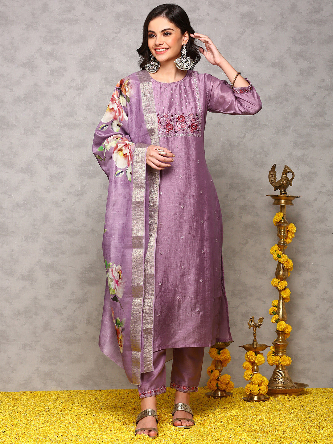 Rich Lavender Poly Crepe Sequin Embroidered Kurta Set with Straight Botoom and Flowy Floral Printed Dupatta