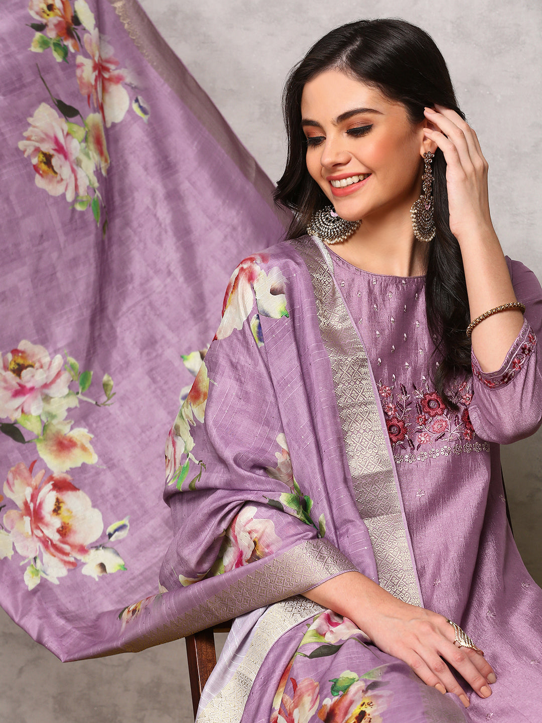 Rich Lavender Poly Crepe Sequin Embroidered Kurta Set with Straight Botoom and Flowy Floral Printed Dupatta